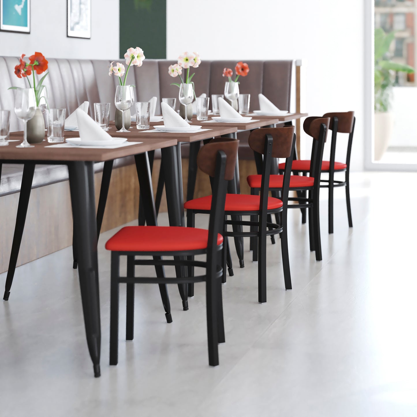 Wright Commercial Dining Chair with 500 LB. Capacity Black Steel Frame, Walnut Finish Wooden Boomerang Back, and Red Vinyl Seat Walnut Wood Back/Red Vinyl Seat