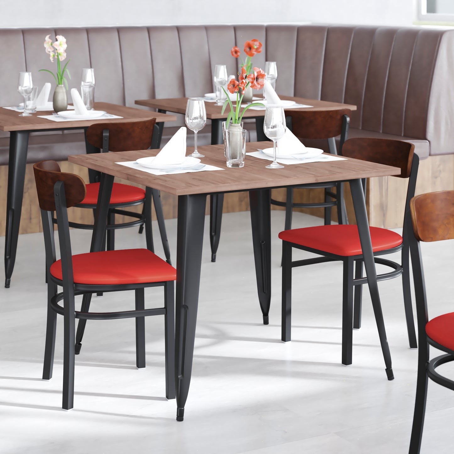 Wright Commercial Dining Chair with 500 LB. Capacity Black Steel Frame, Walnut Finish Wooden Boomerang Back, and Red Vinyl Seat Walnut Wood Back/Red Vinyl Seat