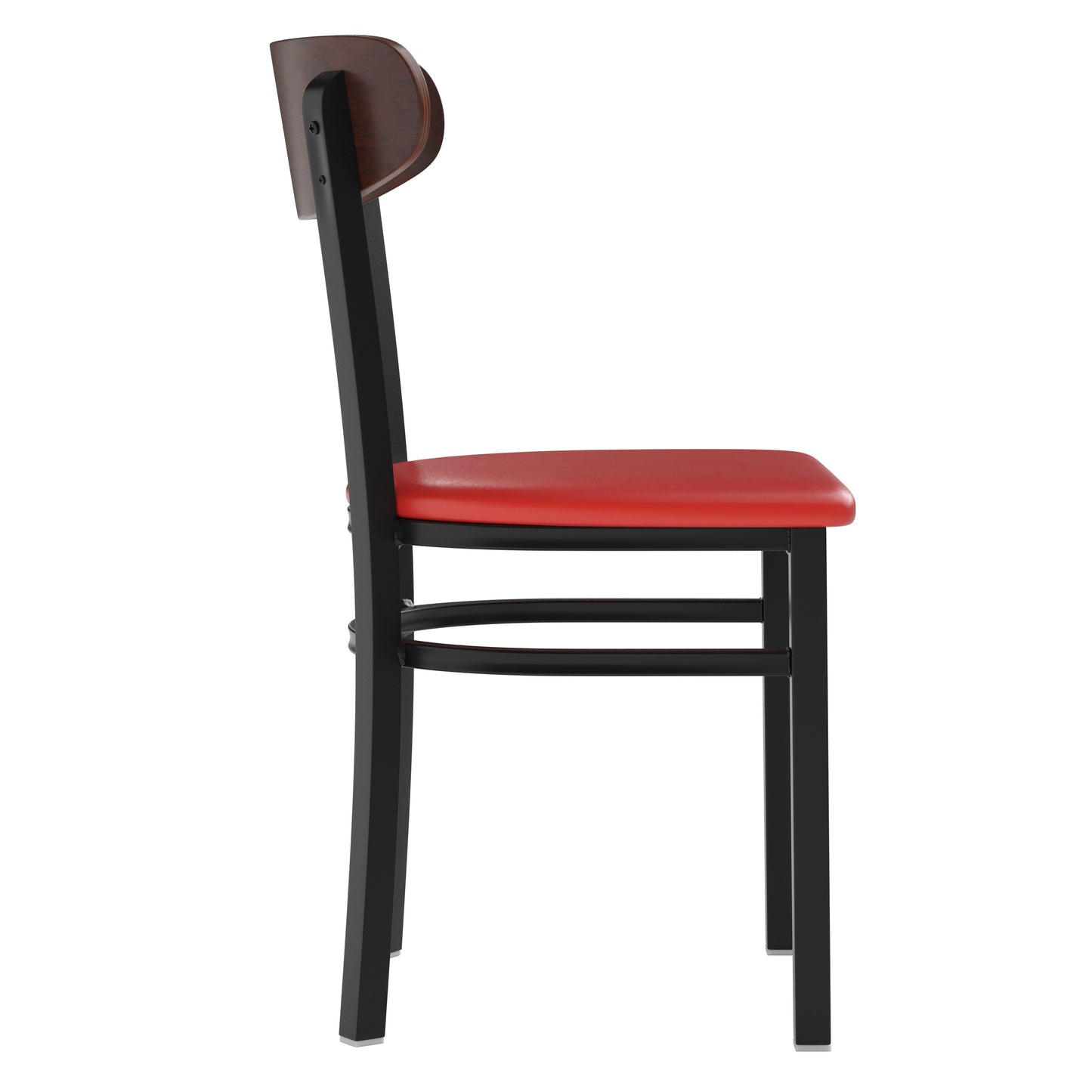 Wright Commercial Dining Chair with 500 LB. Capacity Black Steel Frame, Walnut Finish Wooden Boomerang Back, and Red Vinyl Seat Walnut Wood Back/Red Vinyl Seat