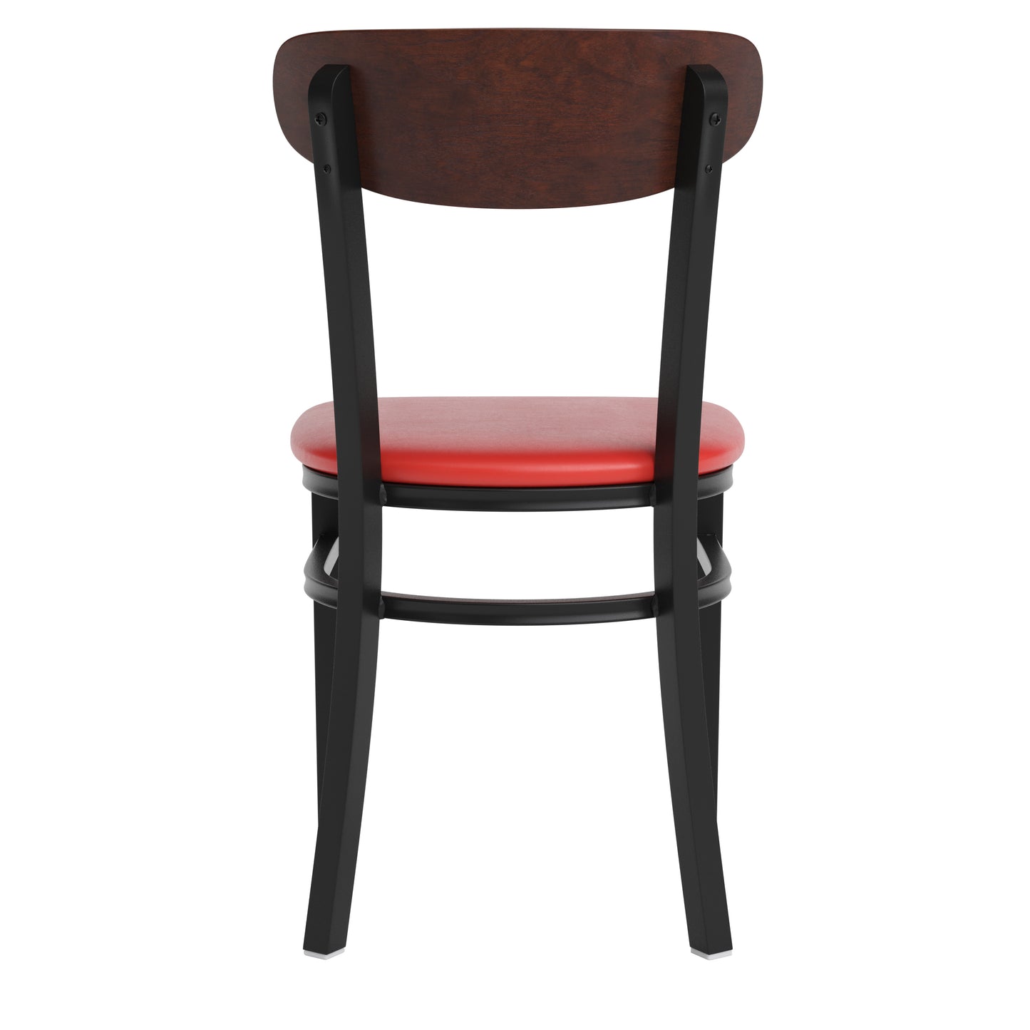 Wright Commercial Dining Chair with 500 LB. Capacity Black Steel Frame, Walnut Finish Wooden Boomerang Back, and Red Vinyl Seat Walnut Wood Back/Red Vinyl Seat