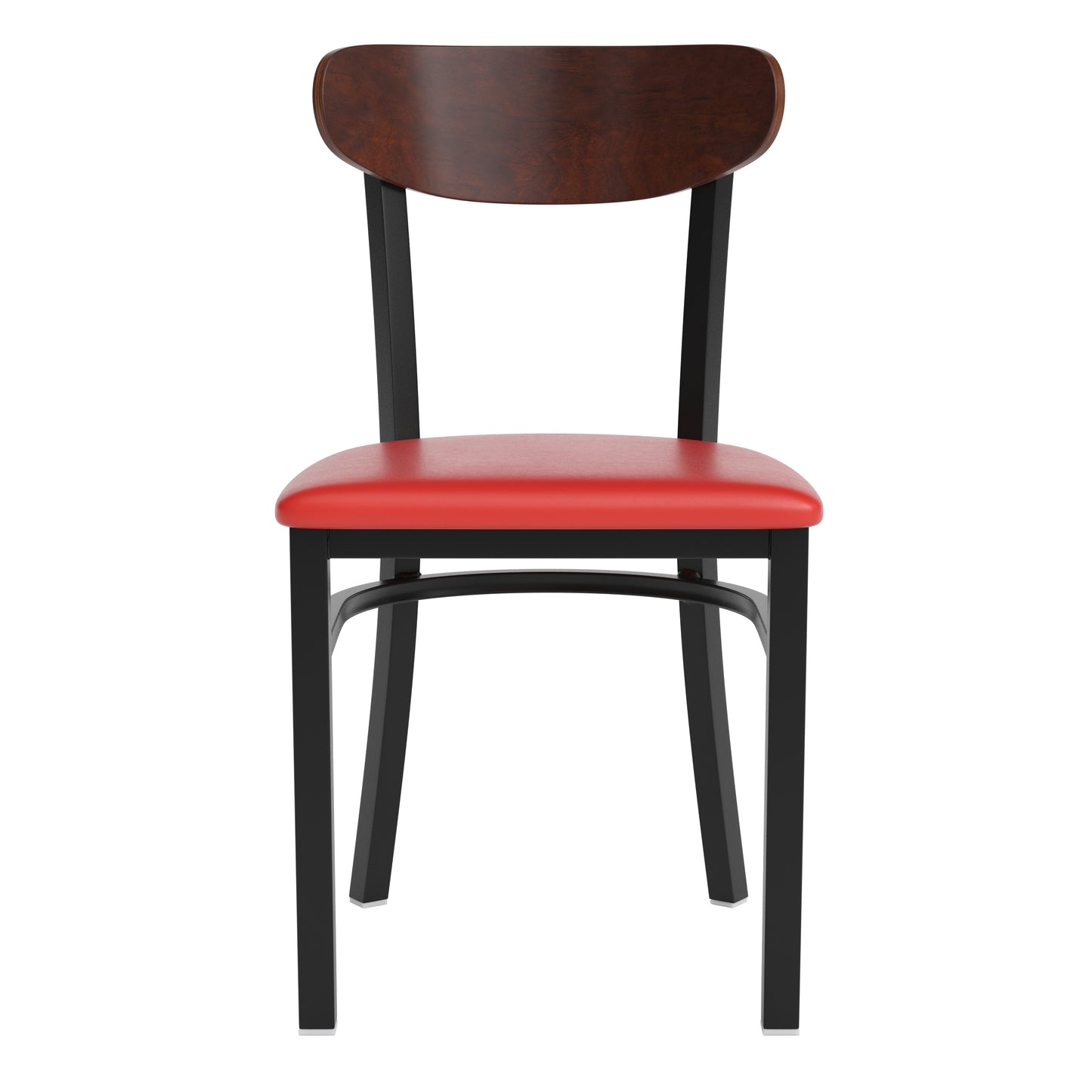 Wright Commercial Dining Chair with 500 LB. Capacity Black Steel Frame, Walnut Finish Wooden Boomerang Back, and Red Vinyl Seat Walnut Wood Back/Red Vinyl Seat