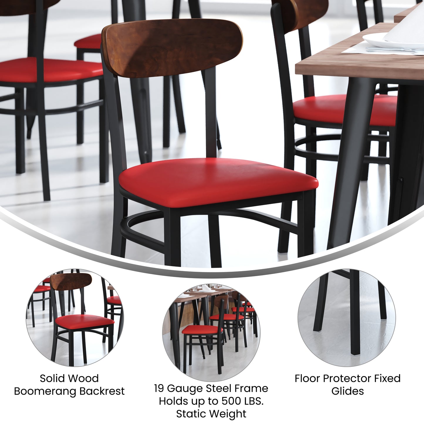 Wright Commercial Dining Chair with 500 LB. Capacity Black Steel Frame, Walnut Finish Wooden Boomerang Back, and Red Vinyl Seat Walnut Wood Back/Red Vinyl Seat