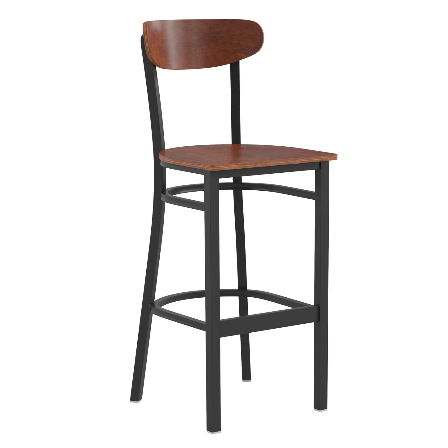 Wright Commercial Grade Barstool with 500 LB. Capacity Black Steel Frame, Solid Wood Seat, and Boomerang Back, Walnut Finish Walnut