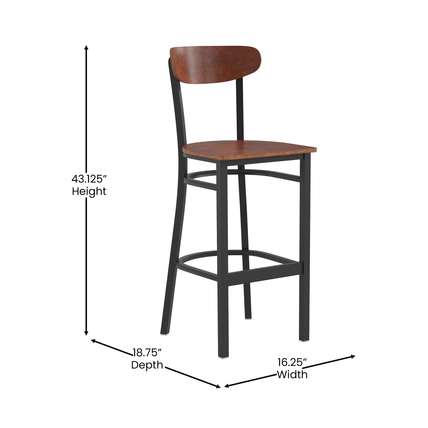 Wright Commercial Grade Barstool with 500 LB. Capacity Black Steel Frame, Solid Wood Seat, and Boomerang Back, Walnut Finish Walnut