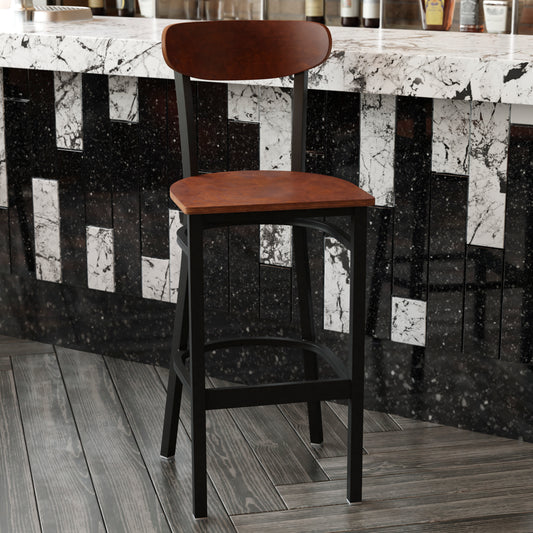 Wright Commercial Grade Barstool with 500 LB. Capacity Black Steel Frame, Solid Wood Seat, and Boomerang Back, Walnut Finish Walnut XU-DG6V6B-WAL-GG