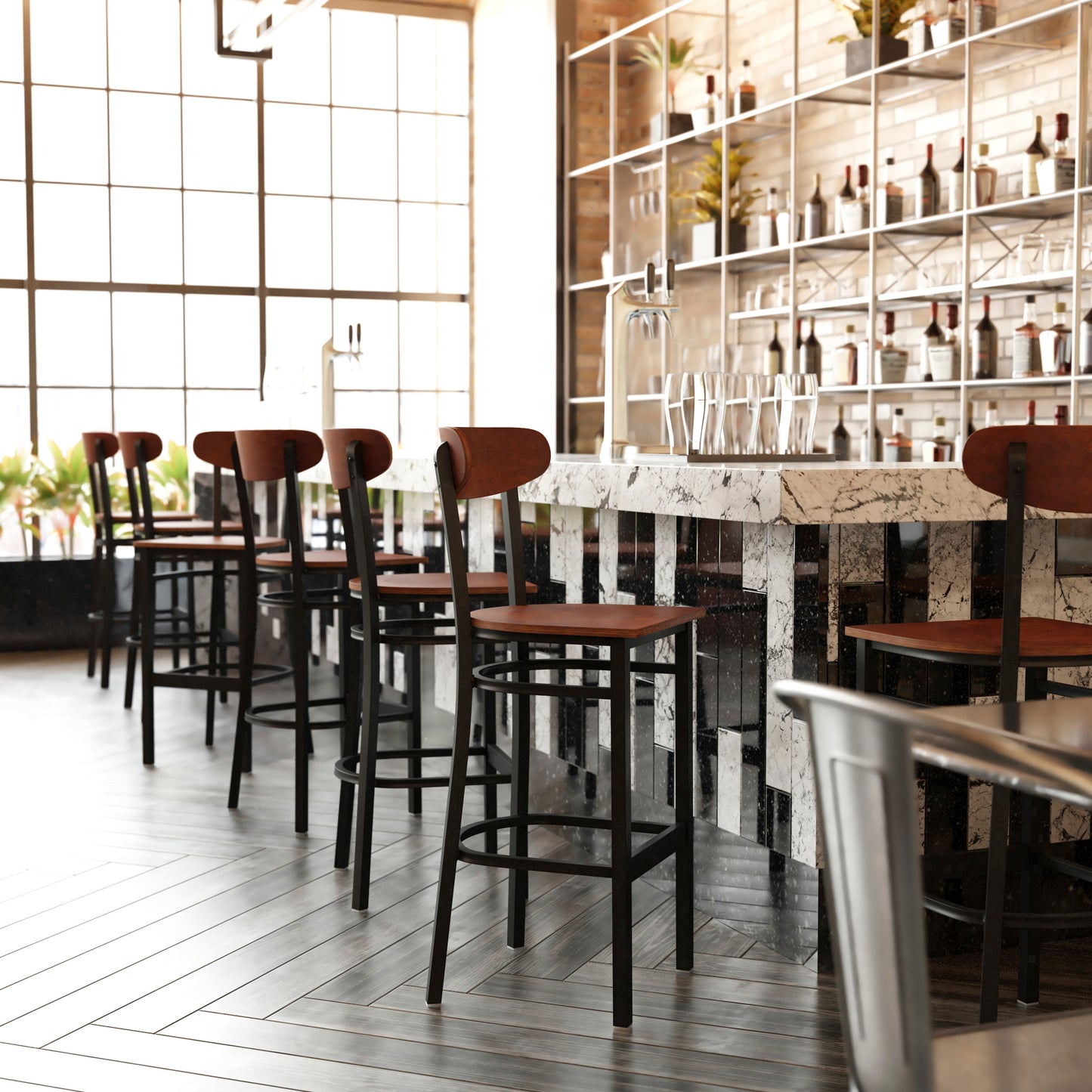 Wright Commercial Grade Barstool with 500 LB. Capacity Black Steel Frame, Solid Wood Seat, and Boomerang Back, Walnut Finish Walnut