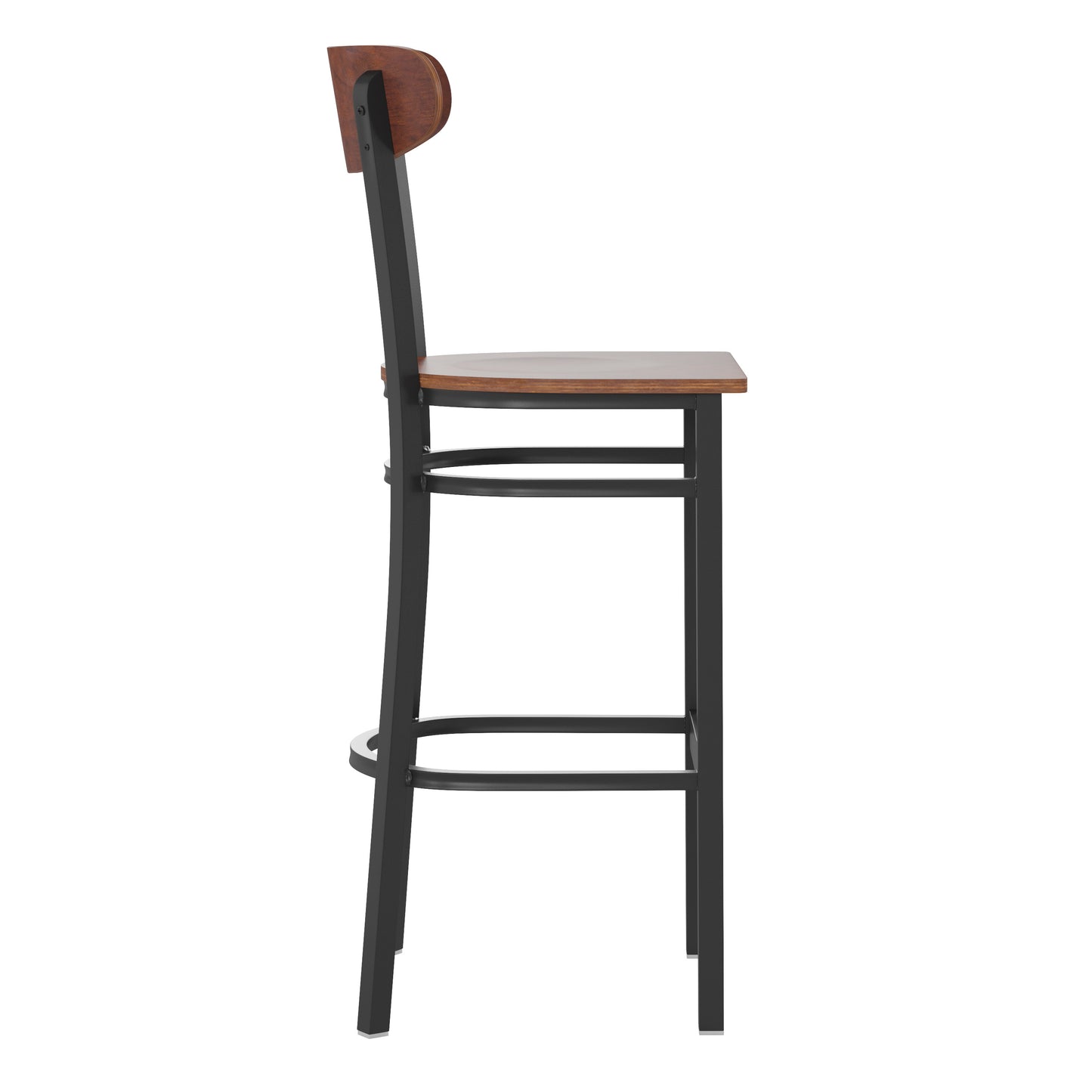 Wright Commercial Grade Barstool with 500 LB. Capacity Black Steel Frame, Solid Wood Seat, and Boomerang Back, Walnut Finish Walnut