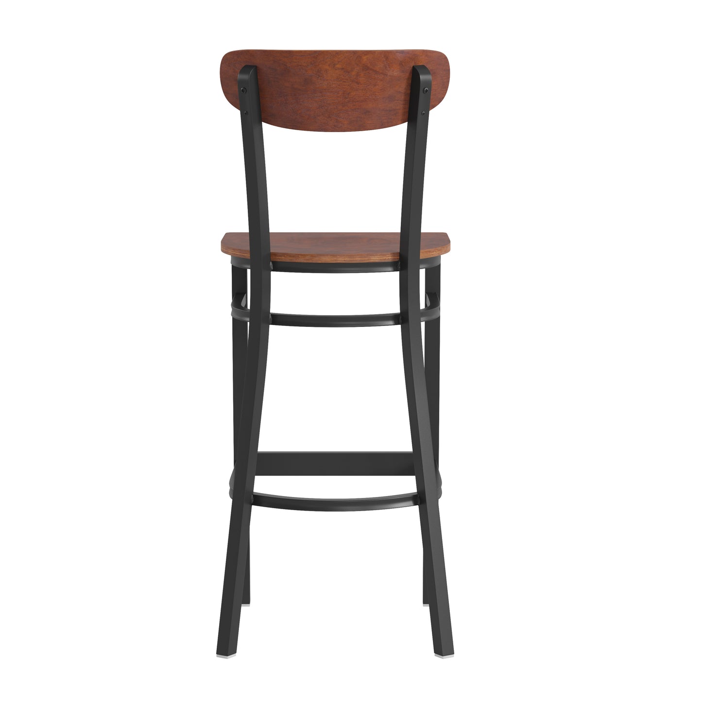 Wright Commercial Grade Barstool with 500 LB. Capacity Black Steel Frame, Solid Wood Seat, and Boomerang Back, Walnut Finish Walnut