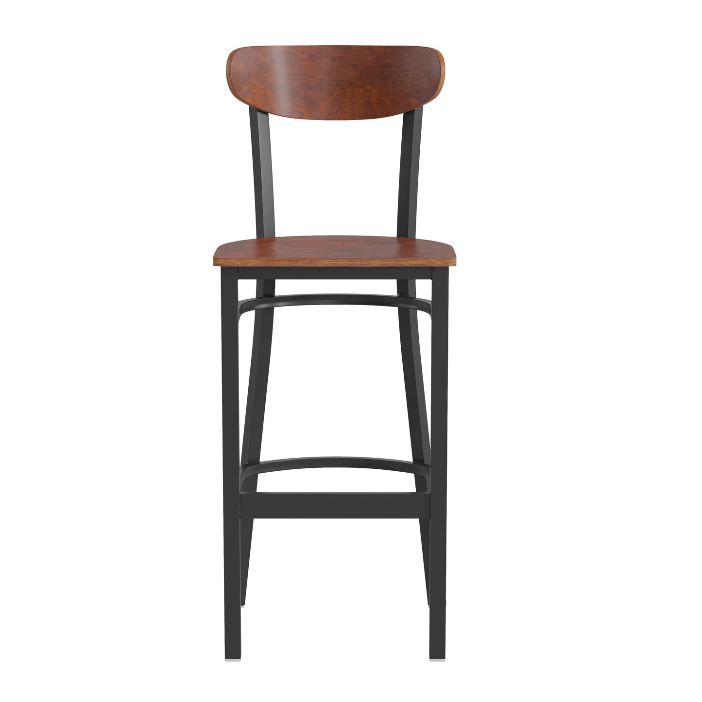Wright Commercial Grade Barstool with 500 LB. Capacity Black Steel Frame, Solid Wood Seat, and Boomerang Back, Walnut Finish Walnut