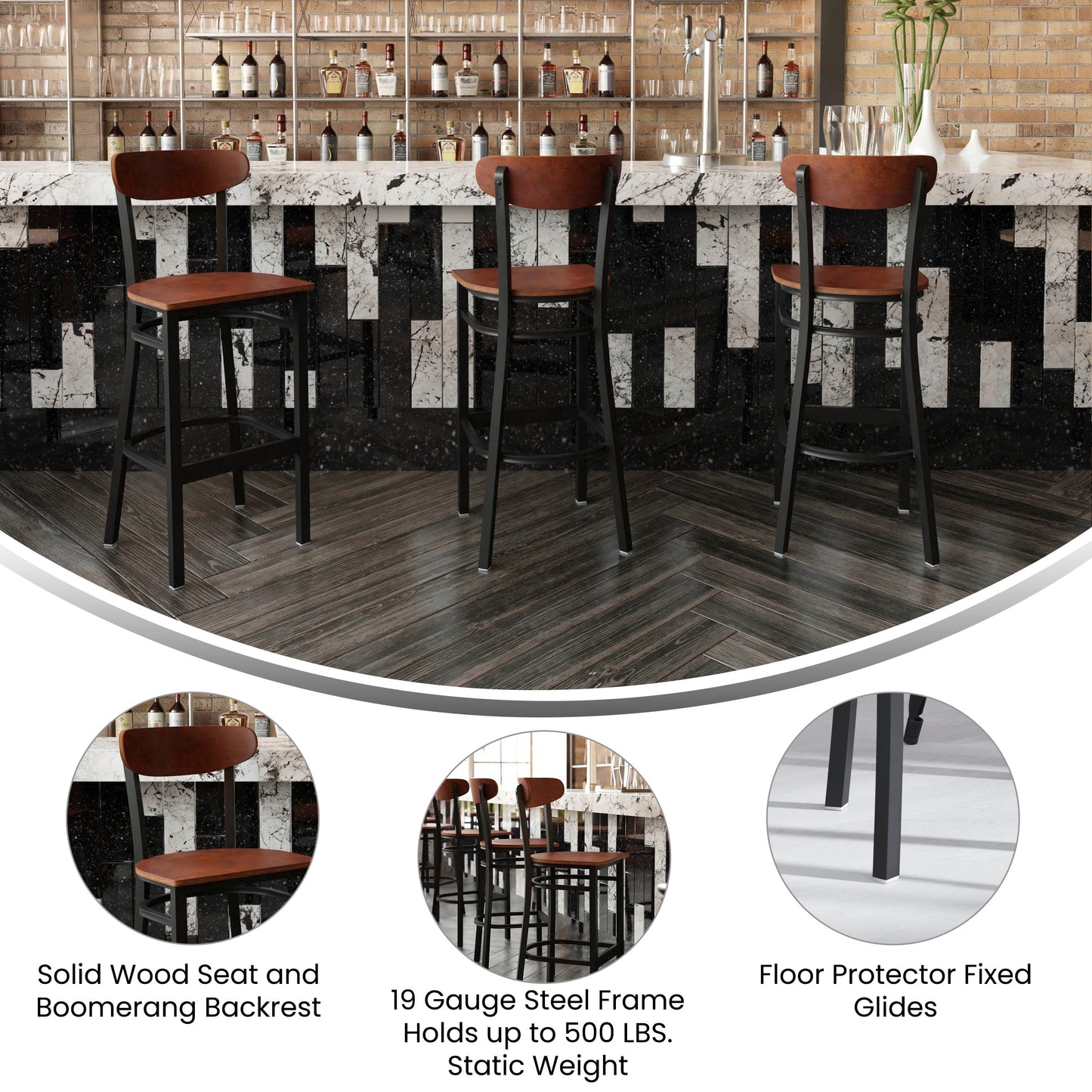 Wright Commercial Grade Barstool with 500 LB. Capacity Black Steel Frame, Solid Wood Seat, and Boomerang Back, Walnut Finish Walnut