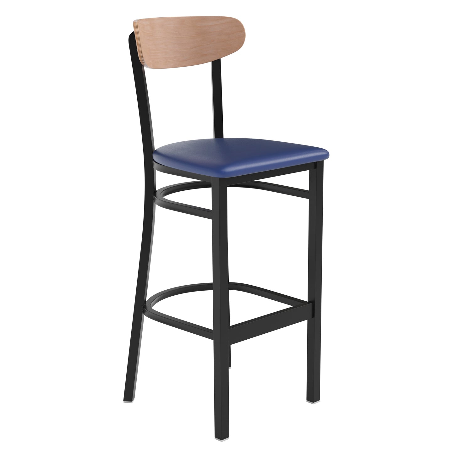 Wright Commercial Barstool with 500 LB. Capacity Black Steel Frame, Natural Birch Finish Wooden Boomerang Back, and Blue Vinyl Seat Natural Birch Wood Back/Blue Vinyl Seat