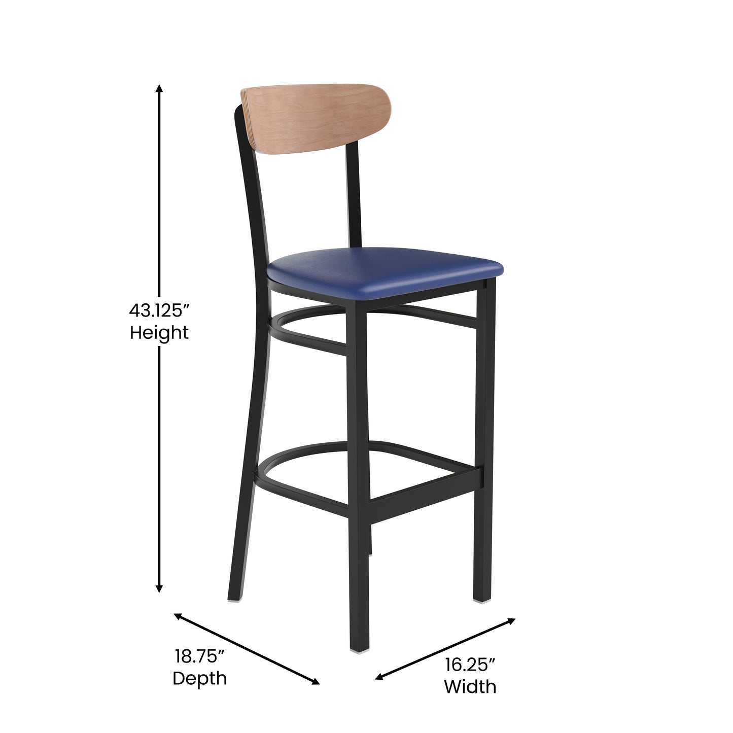Wright Commercial Barstool with 500 LB. Capacity Black Steel Frame, Natural Birch Finish Wooden Boomerang Back, and Blue Vinyl Seat Natural Birch Wood Back/Blue Vinyl Seat