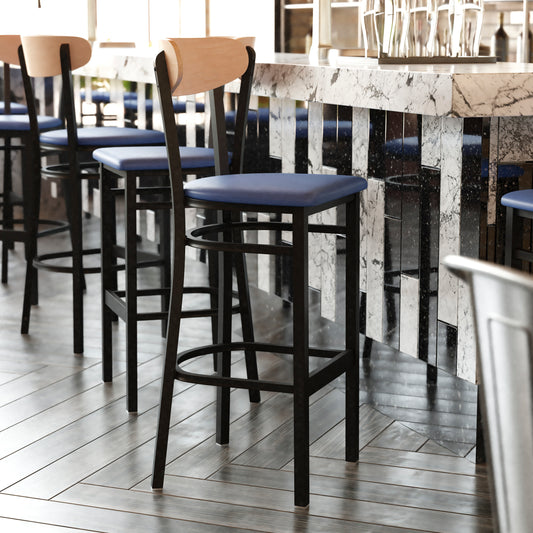Wright Commercial Barstool with 500 LB. Capacity Black Steel Frame, Natural Birch Finish Wooden Boomerang Back, and Blue Vinyl Seat Natural Birch Wood Back/Blue Vinyl Seat XU-DG6V6BLV-NAT-GG