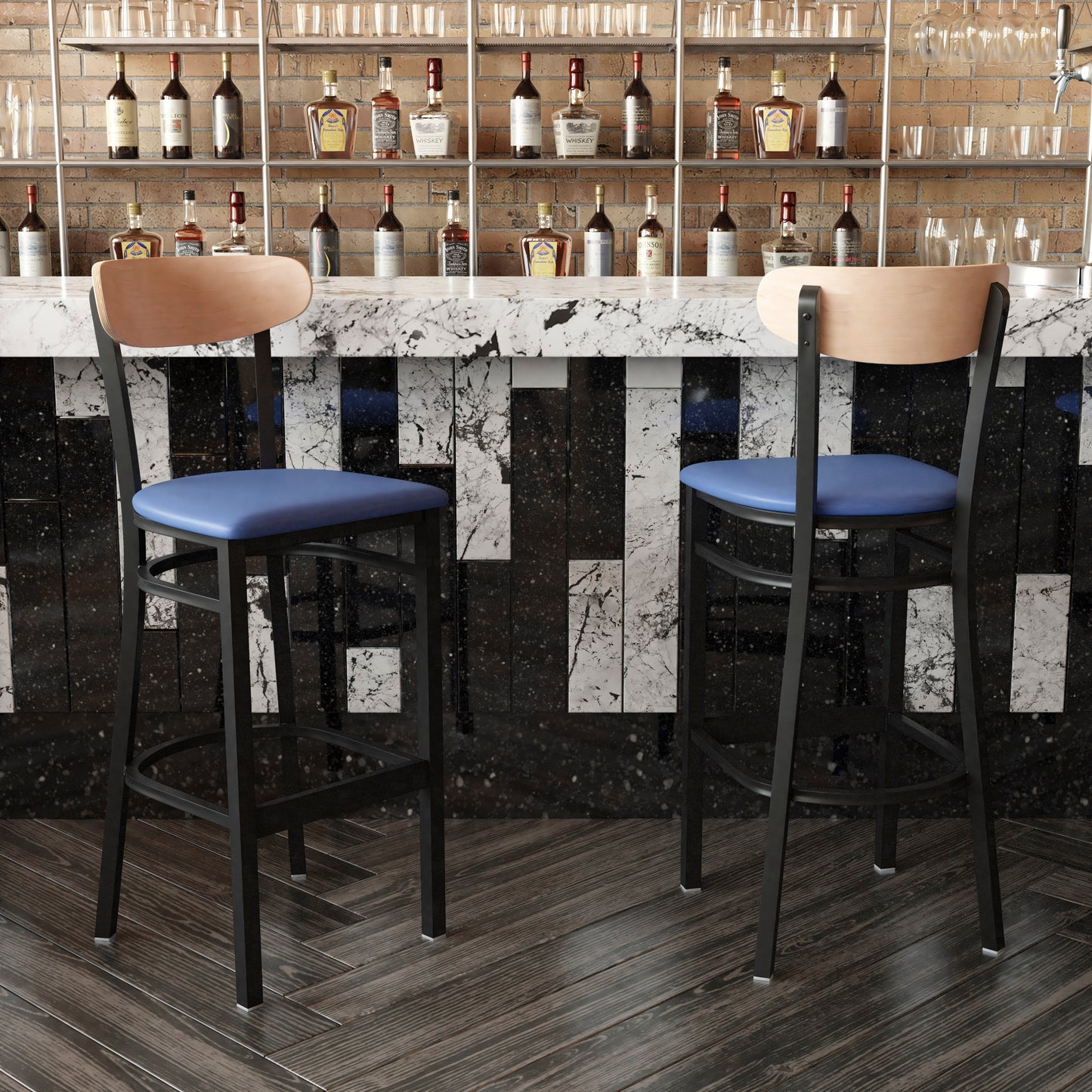 Wright Commercial Barstool with 500 LB. Capacity Black Steel Frame, Natural Birch Finish Wooden Boomerang Back, and Blue Vinyl Seat Natural Birch Wood Back/Blue Vinyl Seat