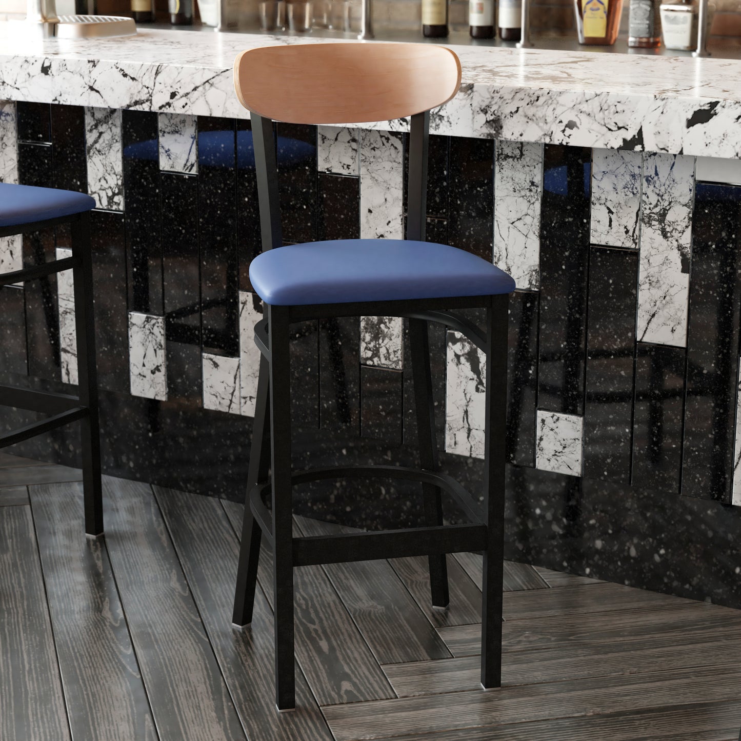 Wright Commercial Barstool with 500 LB. Capacity Black Steel Frame, Natural Birch Finish Wooden Boomerang Back, and Blue Vinyl Seat Natural Birch Wood Back/Blue Vinyl Seat