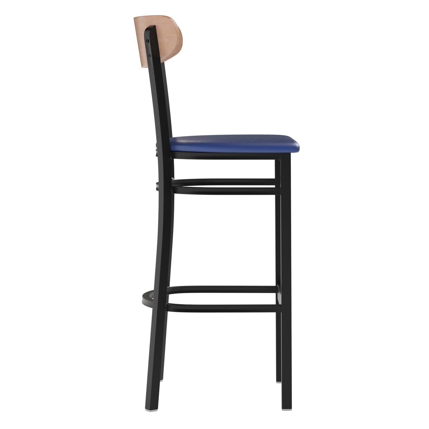 Wright Commercial Barstool with 500 LB. Capacity Black Steel Frame, Natural Birch Finish Wooden Boomerang Back, and Blue Vinyl Seat Natural Birch Wood Back/Blue Vinyl Seat