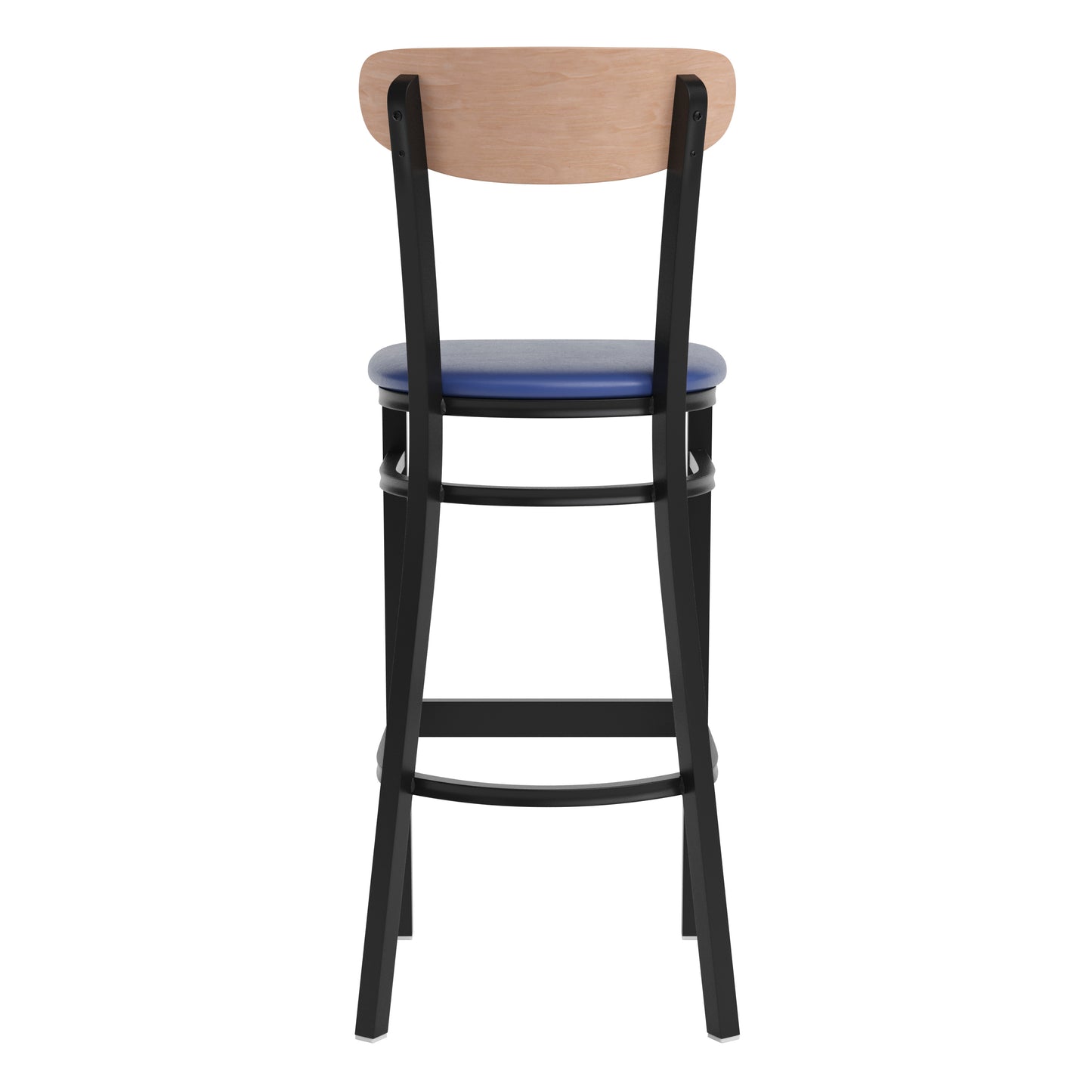 Wright Commercial Barstool with 500 LB. Capacity Black Steel Frame, Natural Birch Finish Wooden Boomerang Back, and Blue Vinyl Seat Natural Birch Wood Back/Blue Vinyl Seat