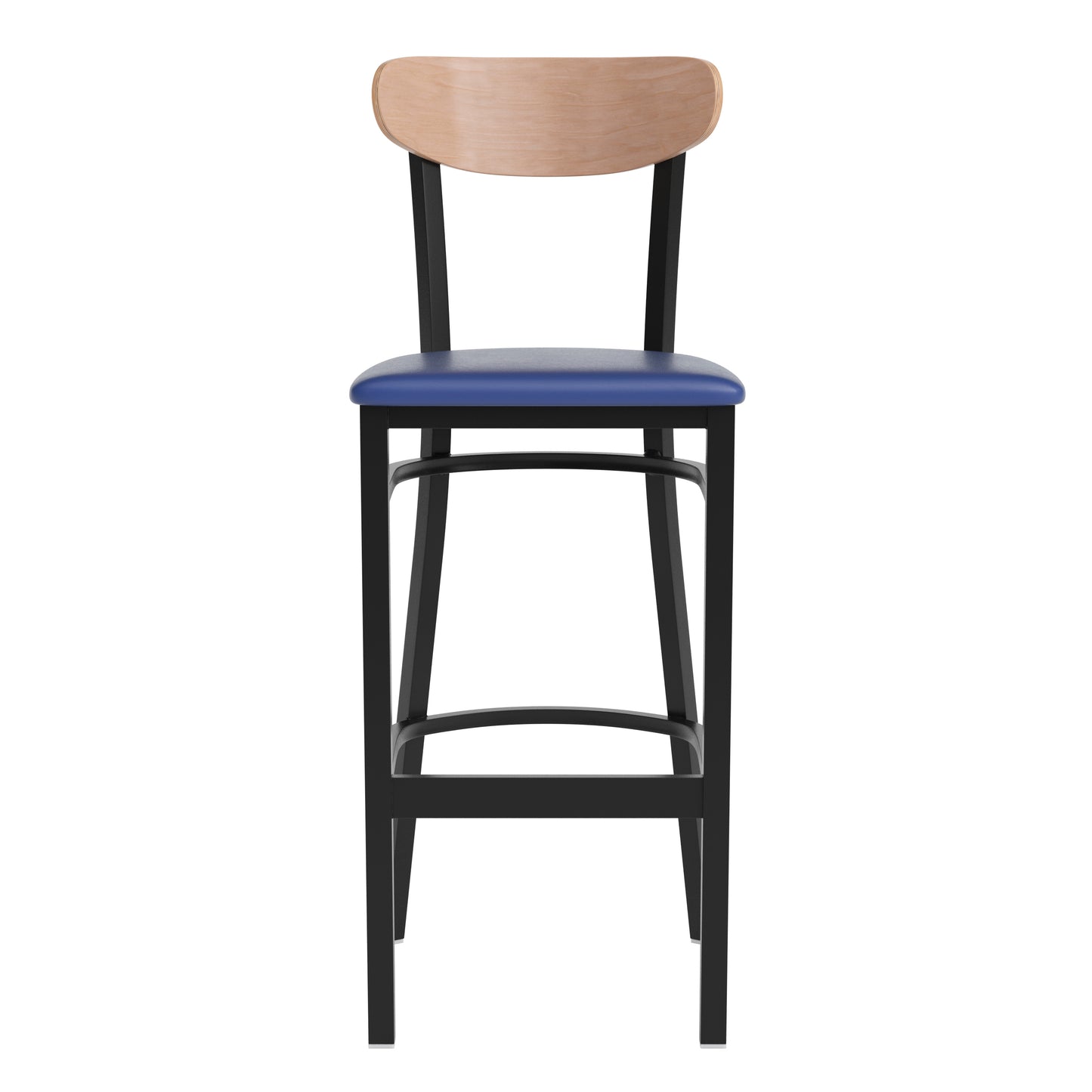 Wright Commercial Barstool with 500 LB. Capacity Black Steel Frame, Natural Birch Finish Wooden Boomerang Back, and Blue Vinyl Seat Natural Birch Wood Back/Blue Vinyl Seat