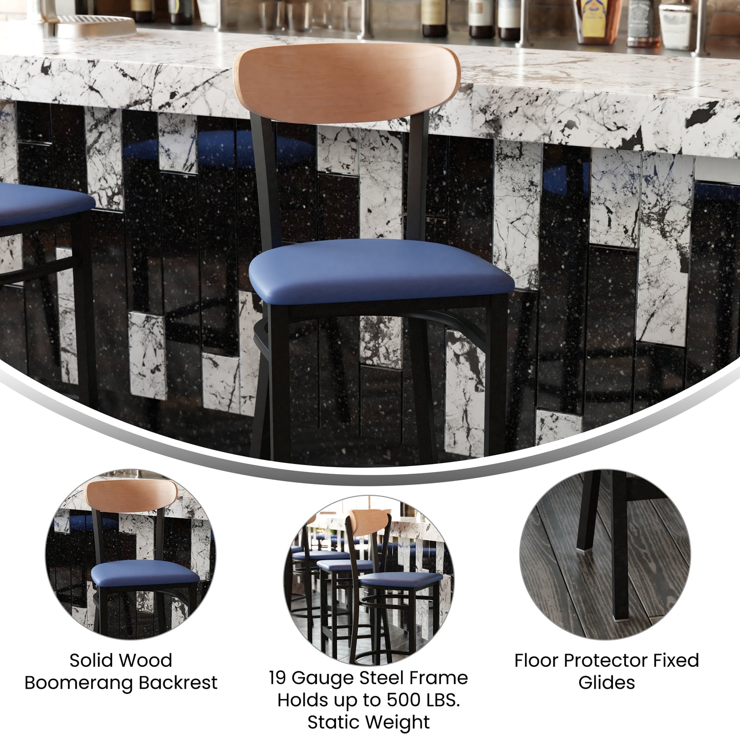 Wright Commercial Barstool with 500 LB. Capacity Black Steel Frame, Natural Birch Finish Wooden Boomerang Back, and Blue Vinyl Seat Natural Birch Wood Back/Blue Vinyl Seat