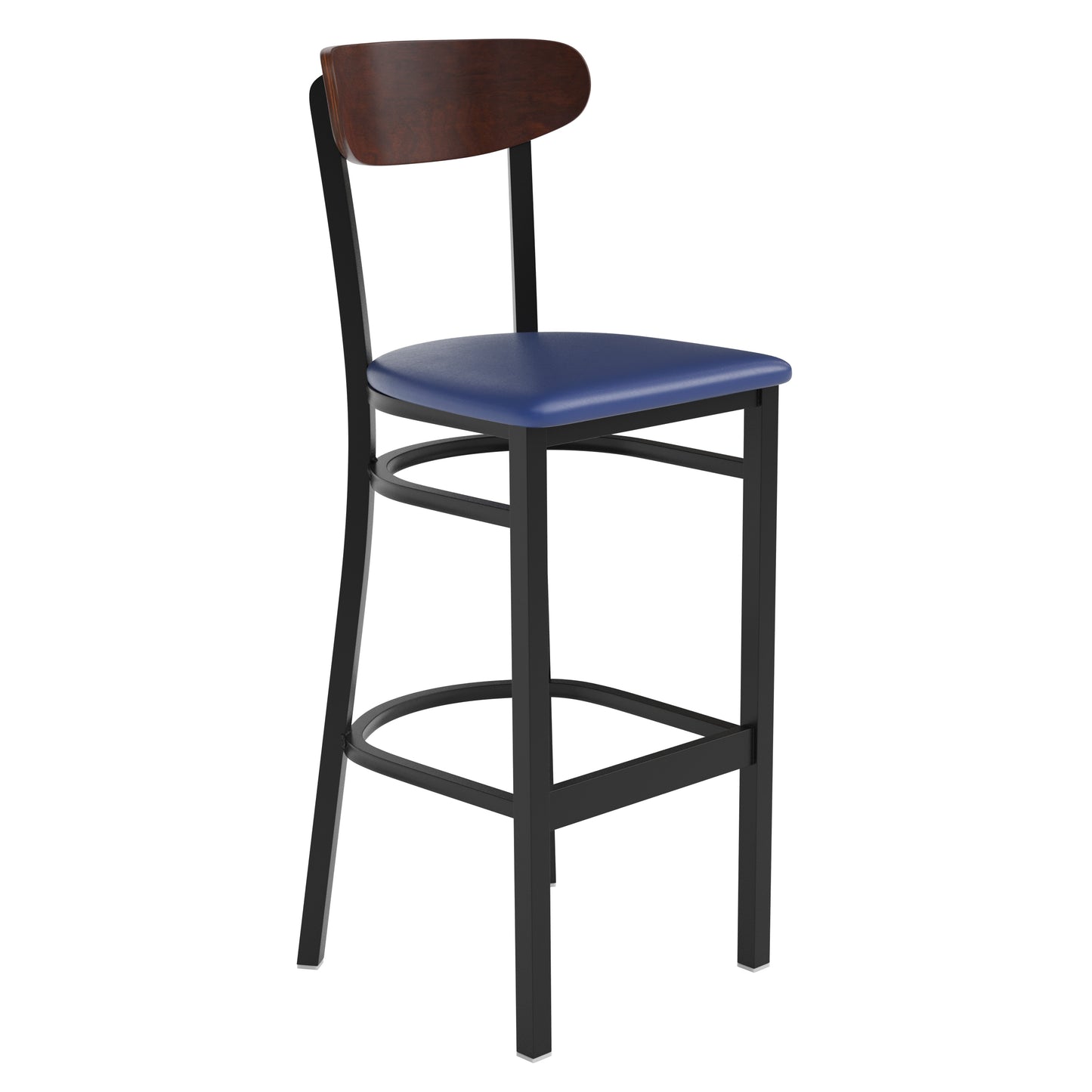 Wright Commercial Barstool with 500 LB. Capacity Black Steel Frame, Walnut Finish Wooden Boomerang Back, and Blue Vinyl Seat Walnut Wood Back/Blue Vinyl Seat
