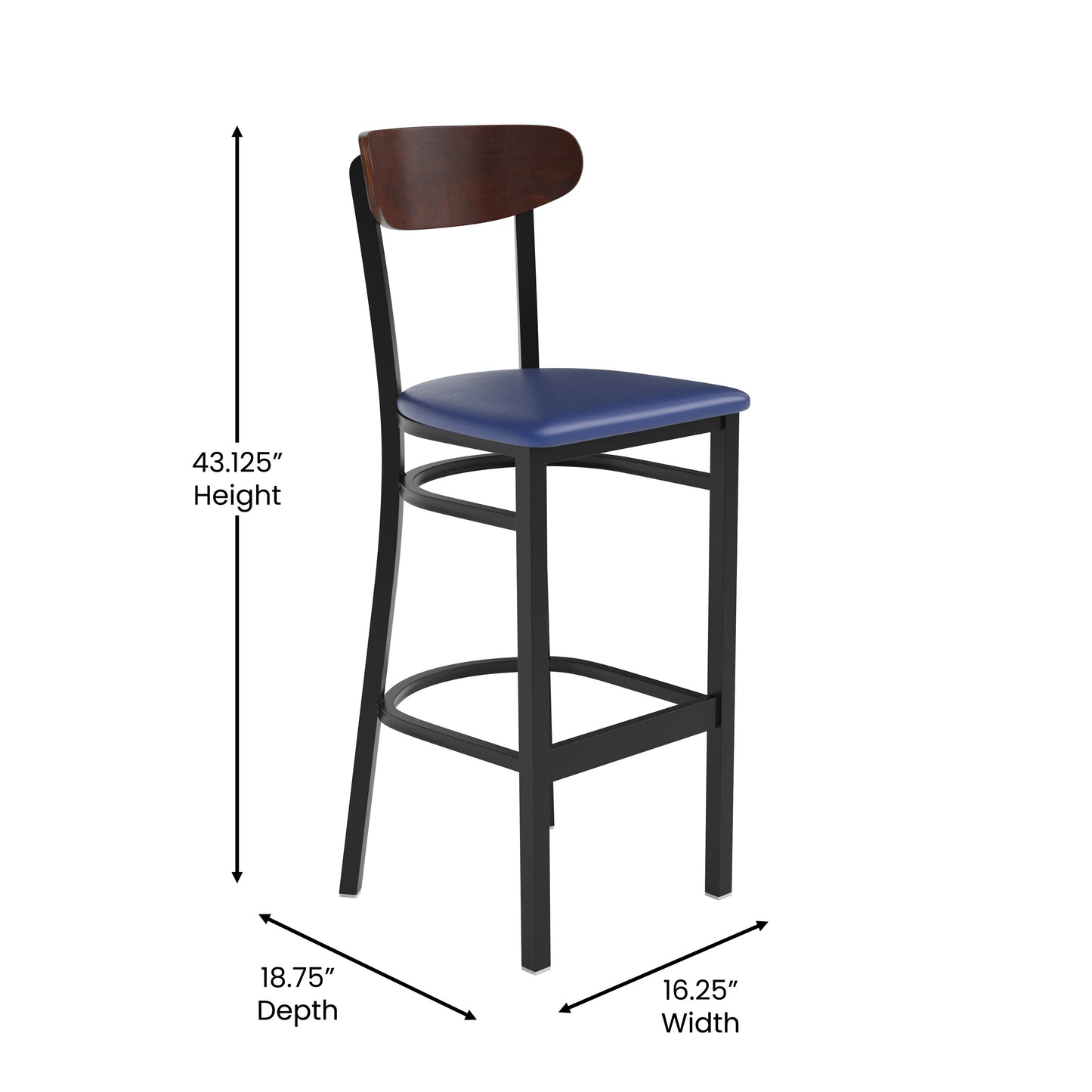 Wright Commercial Barstool with 500 LB. Capacity Black Steel Frame, Walnut Finish Wooden Boomerang Back, and Blue Vinyl Seat Walnut Wood Back/Blue Vinyl Seat