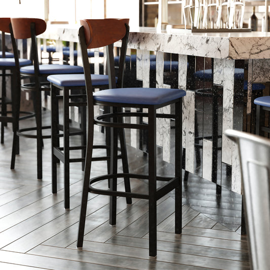 Wright Commercial Barstool with 500 LB. Capacity Black Steel Frame, Walnut Finish Wooden Boomerang Back, and Blue Vinyl Seat Walnut Wood Back/Blue Vinyl Seat XU-DG6V6BLV-WAL-GG