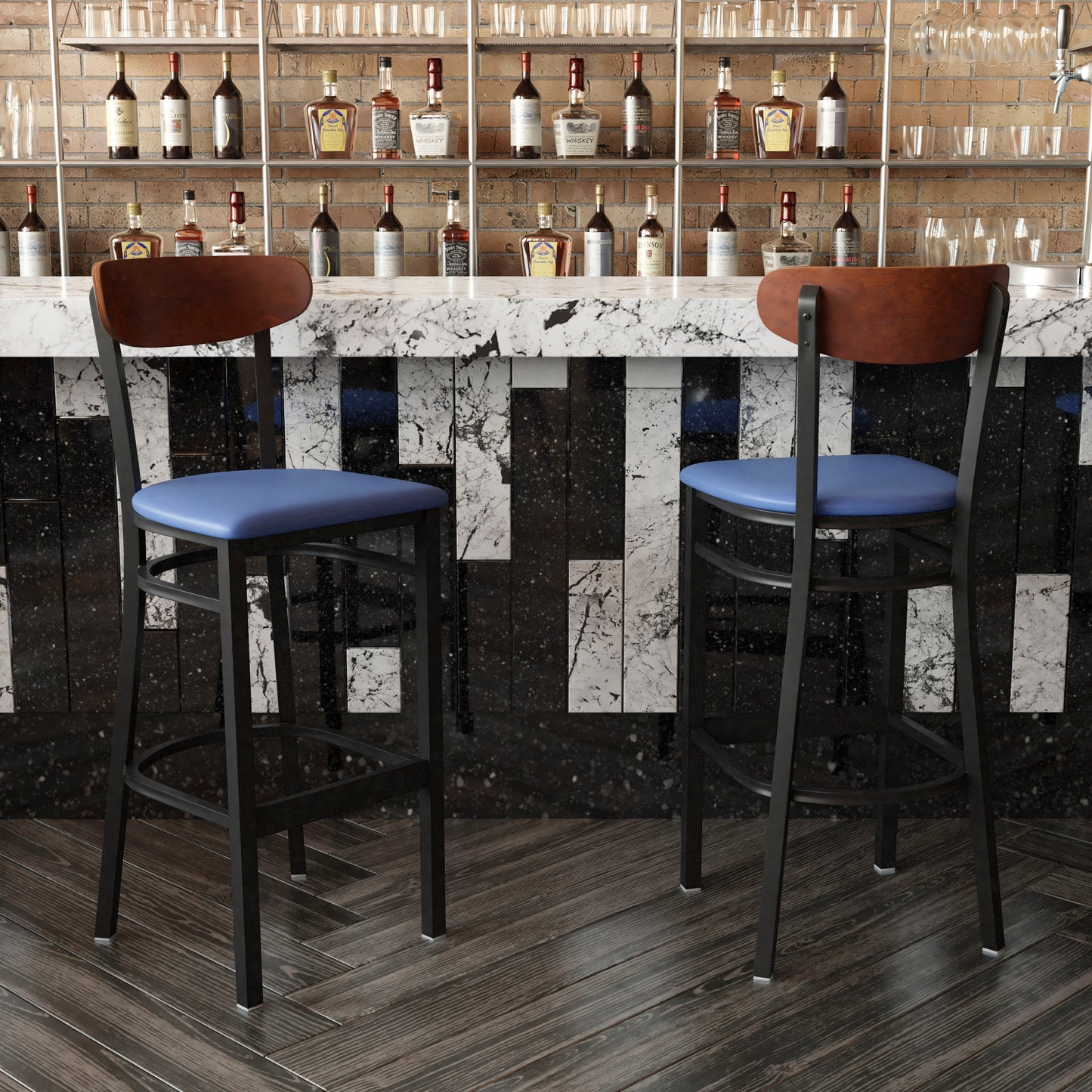 Wright Commercial Barstool with 500 LB. Capacity Black Steel Frame, Walnut Finish Wooden Boomerang Back, and Blue Vinyl Seat Walnut Wood Back/Blue Vinyl Seat