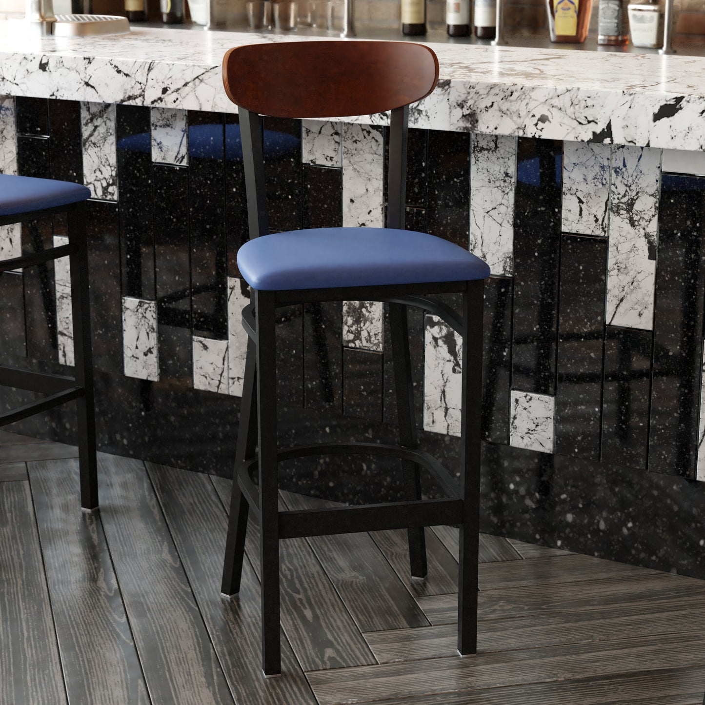 Wright Commercial Barstool with 500 LB. Capacity Black Steel Frame, Walnut Finish Wooden Boomerang Back, and Blue Vinyl Seat Walnut Wood Back/Blue Vinyl Seat