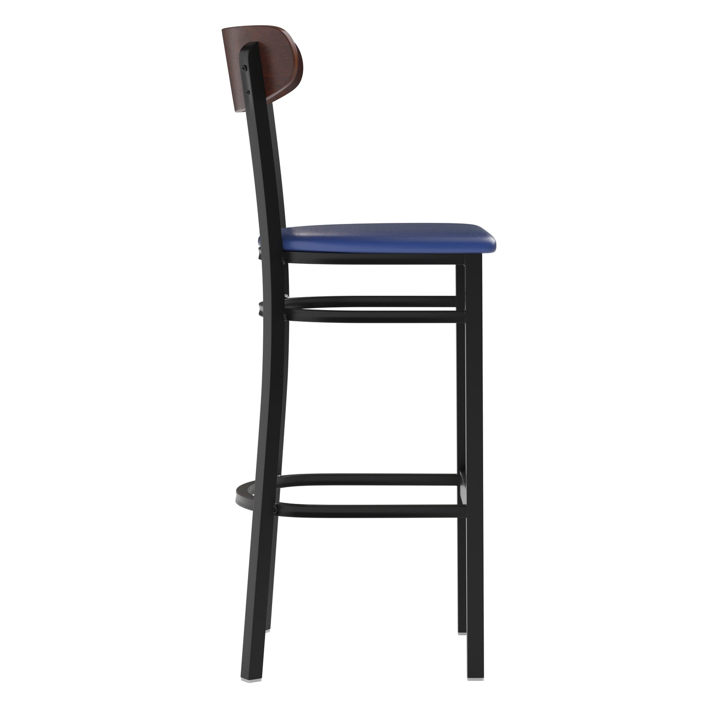 Wright Commercial Barstool with 500 LB. Capacity Black Steel Frame, Walnut Finish Wooden Boomerang Back, and Blue Vinyl Seat Walnut Wood Back/Blue Vinyl Seat
