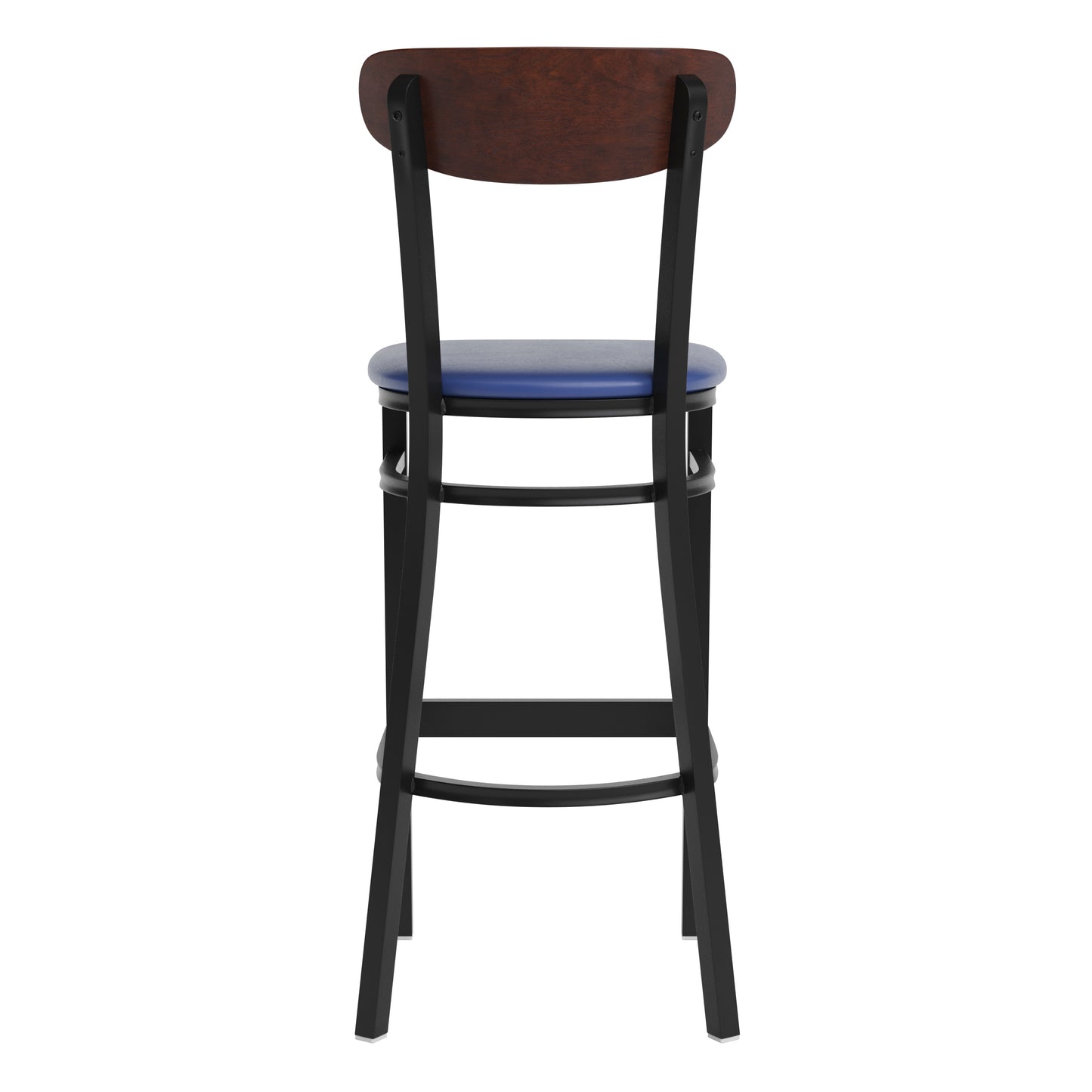 Wright Commercial Barstool with 500 LB. Capacity Black Steel Frame, Walnut Finish Wooden Boomerang Back, and Blue Vinyl Seat Walnut Wood Back/Blue Vinyl Seat