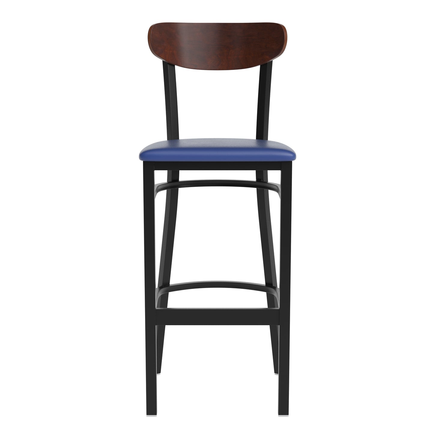 Wright Commercial Barstool with 500 LB. Capacity Black Steel Frame, Walnut Finish Wooden Boomerang Back, and Blue Vinyl Seat Walnut Wood Back/Blue Vinyl Seat