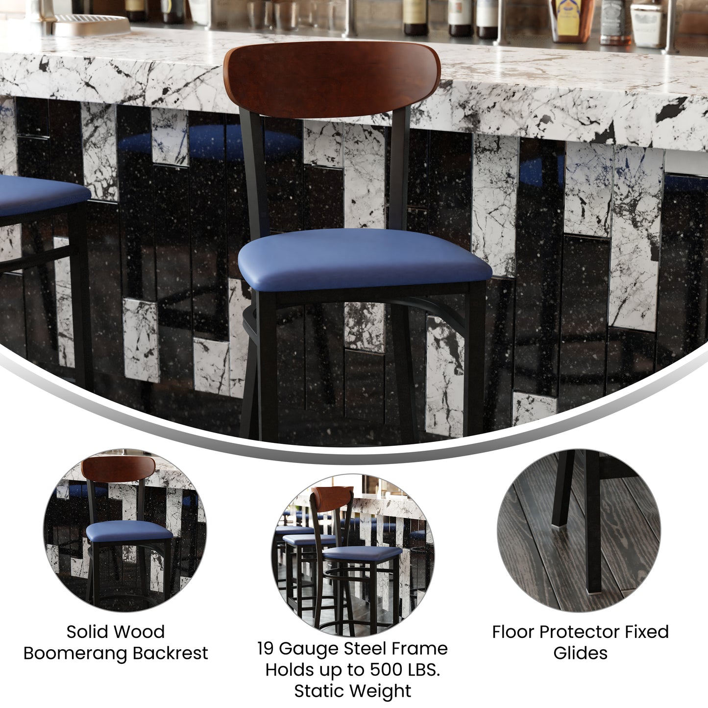 Wright Commercial Barstool with 500 LB. Capacity Black Steel Frame, Walnut Finish Wooden Boomerang Back, and Blue Vinyl Seat Walnut Wood Back/Blue Vinyl Seat