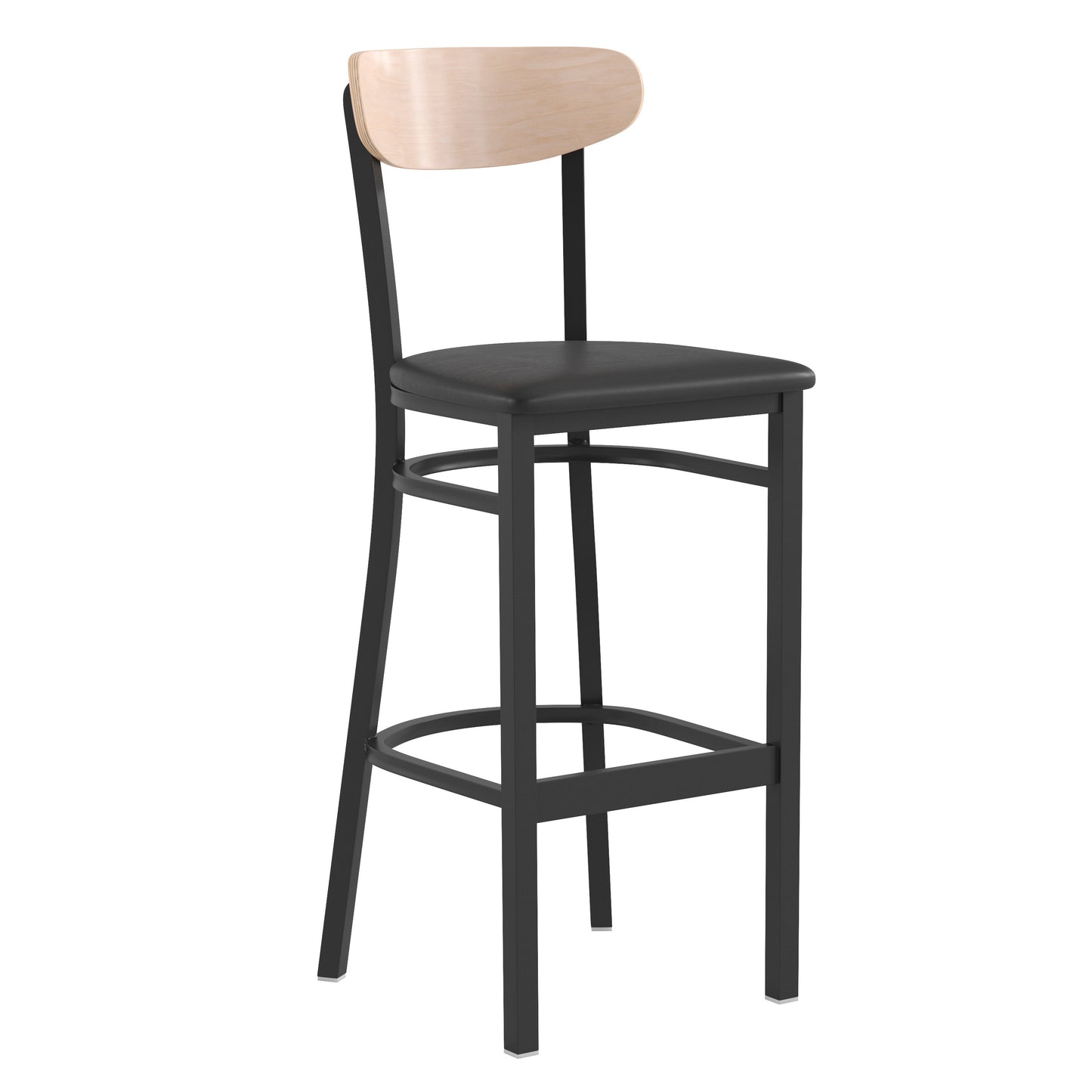 Wright Commercial Barstool with 500 LB. Capacity Black Steel Frame, Natural Birch Finish Wooden Boomerang Back, and Black Vinyl Seat Natural Birch Wood Back/Black Vinyl Seat
