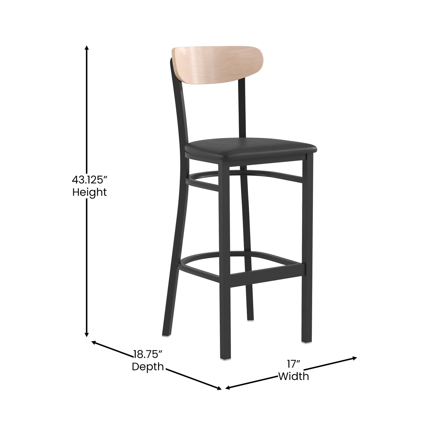 Wright Commercial Barstool with 500 LB. Capacity Black Steel Frame, Natural Birch Finish Wooden Boomerang Back, and Black Vinyl Seat Natural Birch Wood Back/Black Vinyl Seat