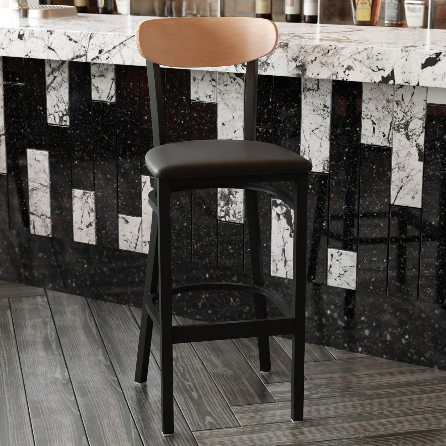 Wright Commercial Barstool with 500 LB. Capacity Black Steel Frame, Natural Birch Finish Wooden Boomerang Back, and Black Vinyl Seat Natural Birch Wood Back/Black Vinyl Seat