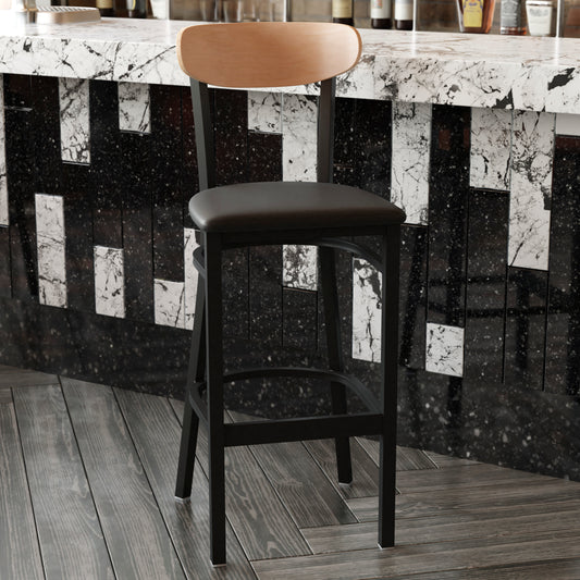 Wright Commercial Barstool with 500 LB. Capacity Black Steel Frame, Natural Birch Finish Wooden Boomerang Back, and Black Vinyl Seat Natural Birch Wood Back/Black Vinyl Seat XU-DG6V6BV-NAT-GG