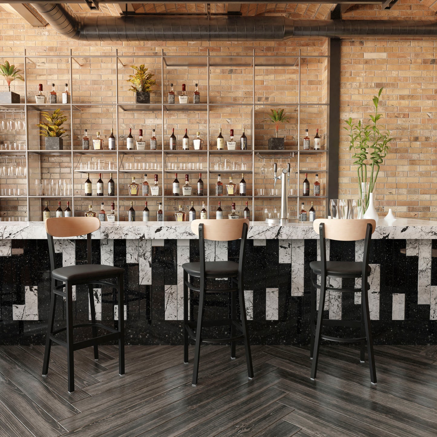 Wright Commercial Barstool with 500 LB. Capacity Black Steel Frame, Natural Birch Finish Wooden Boomerang Back, and Black Vinyl Seat Natural Birch Wood Back/Black Vinyl Seat
