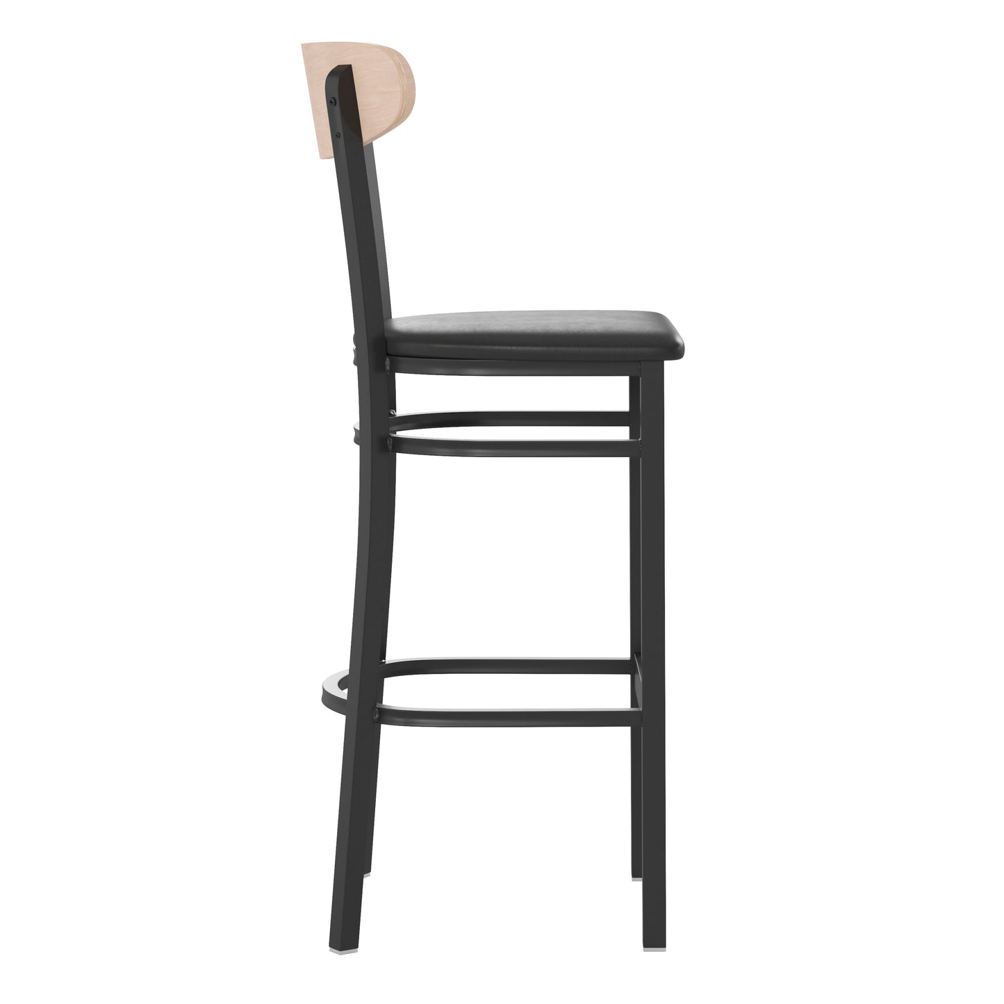 Wright Commercial Barstool with 500 LB. Capacity Black Steel Frame, Natural Birch Finish Wooden Boomerang Back, and Black Vinyl Seat Natural Birch Wood Back/Black Vinyl Seat