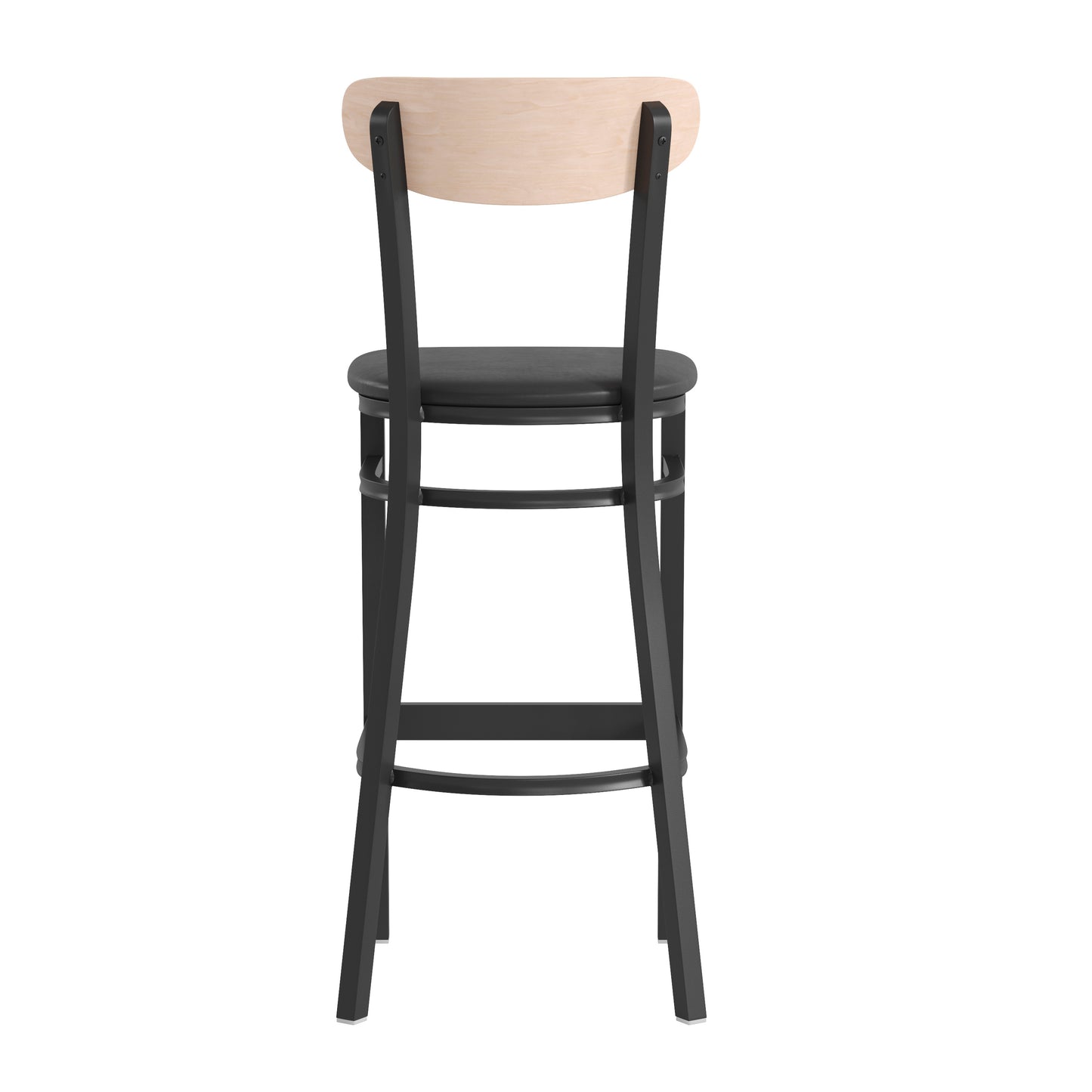 Wright Commercial Barstool with 500 LB. Capacity Black Steel Frame, Natural Birch Finish Wooden Boomerang Back, and Black Vinyl Seat Natural Birch Wood Back/Black Vinyl Seat
