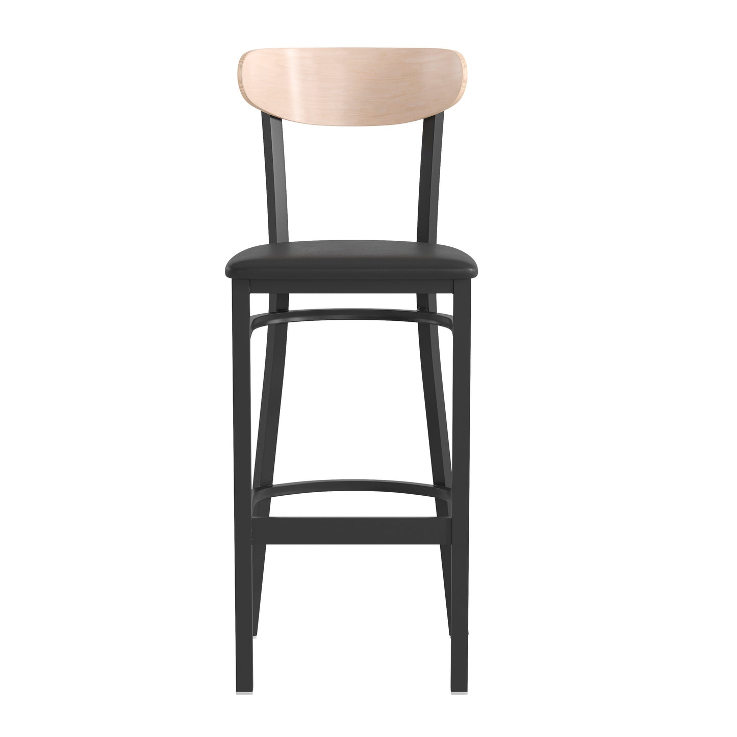 Wright Commercial Barstool with 500 LB. Capacity Black Steel Frame, Natural Birch Finish Wooden Boomerang Back, and Black Vinyl Seat Natural Birch Wood Back/Black Vinyl Seat