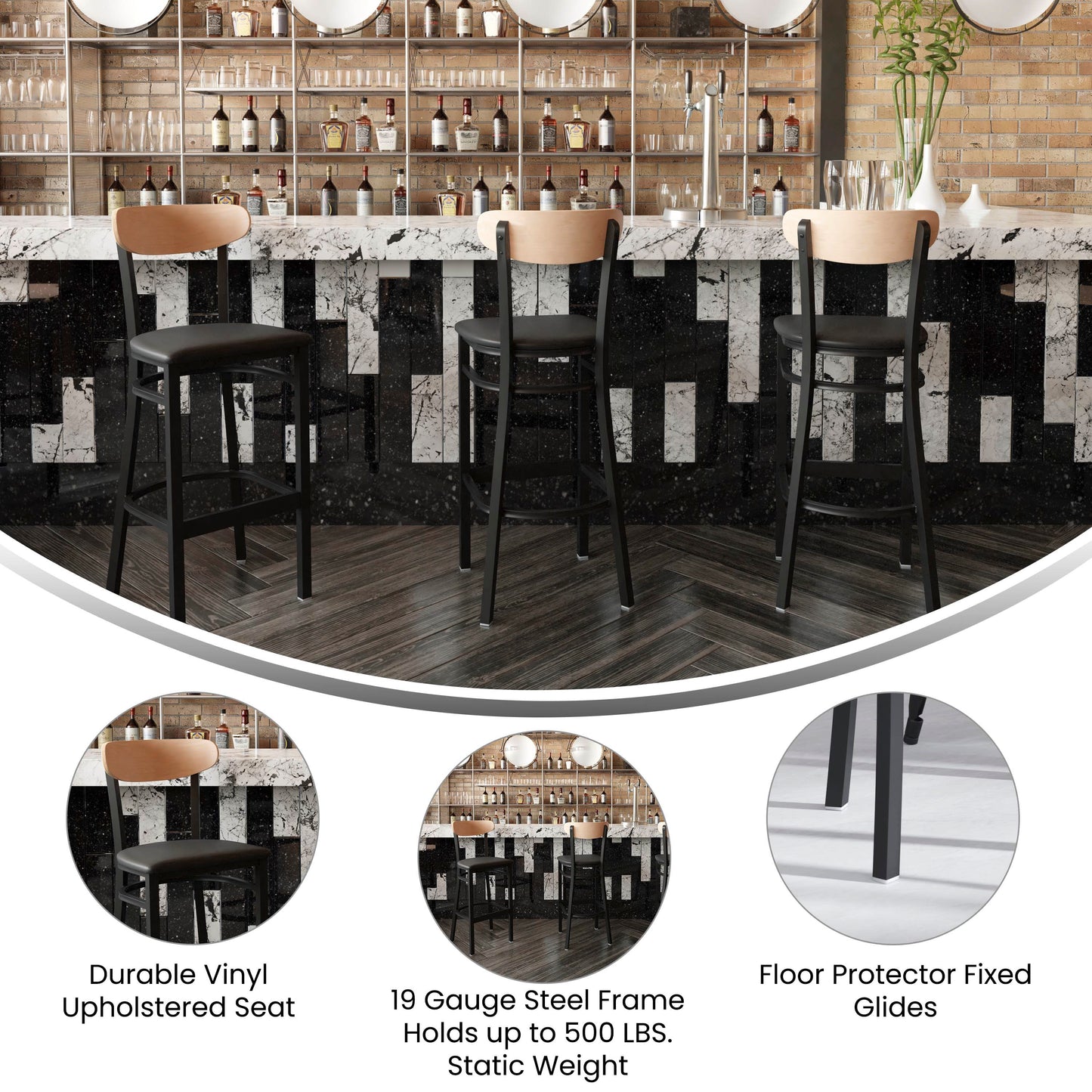 Wright Commercial Barstool with 500 LB. Capacity Black Steel Frame, Natural Birch Finish Wooden Boomerang Back, and Black Vinyl Seat Natural Birch Wood Back/Black Vinyl Seat