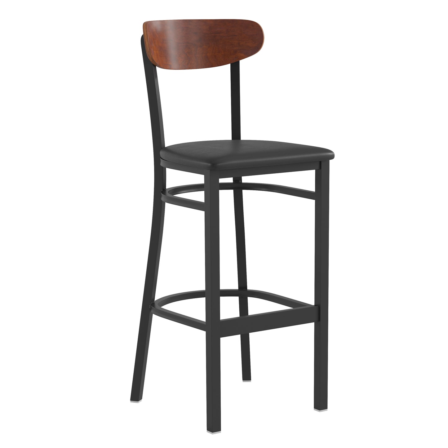 Wright Commercial Barstool with 500 LB. Capacity Black Steel Frame, Walnut Finish Wooden Boomerang Back, and Black Vinyl Seat Walnut Wood Back/Black Vinyl Seat