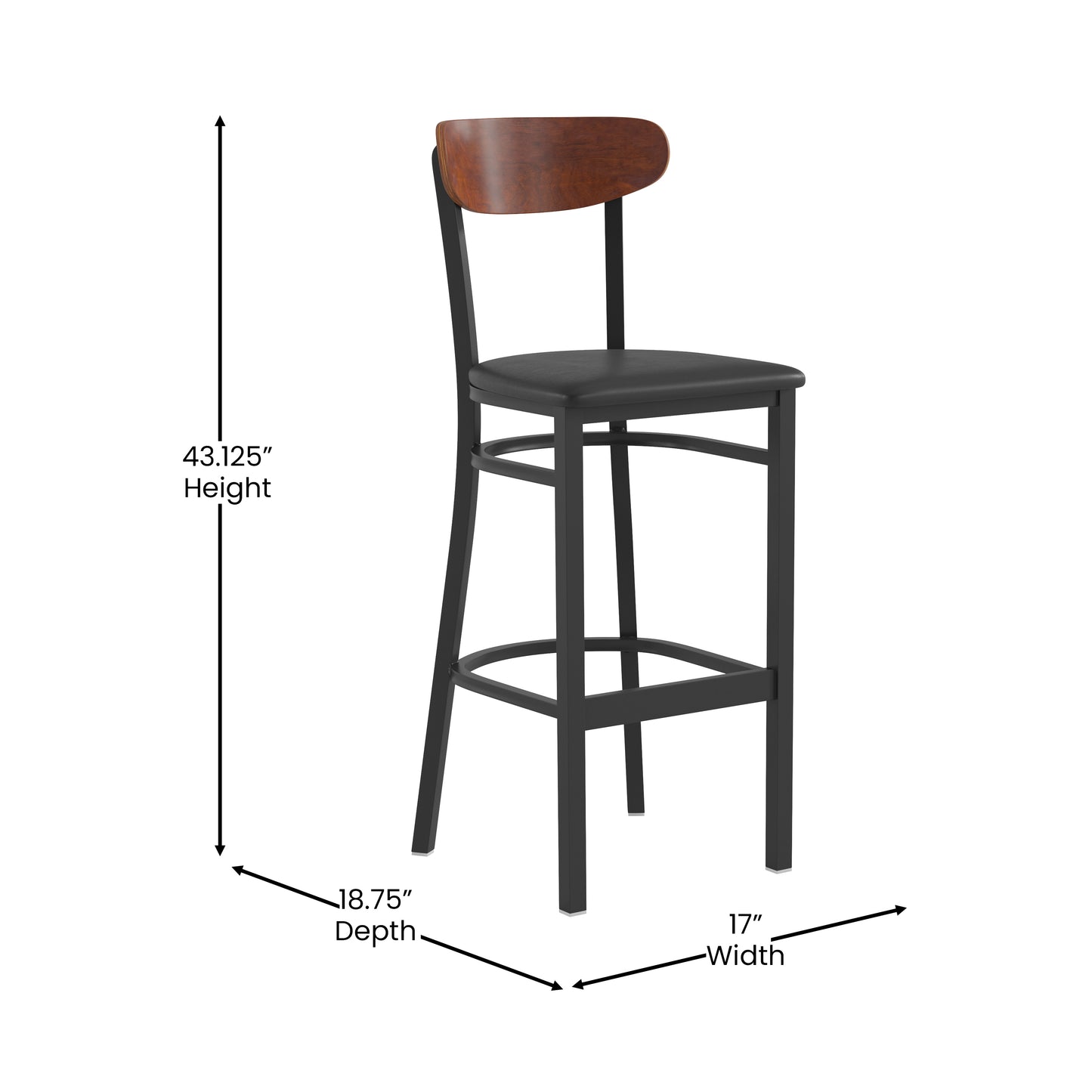 Wright Commercial Barstool with 500 LB. Capacity Black Steel Frame, Walnut Finish Wooden Boomerang Back, and Black Vinyl Seat Walnut Wood Back/Black Vinyl Seat