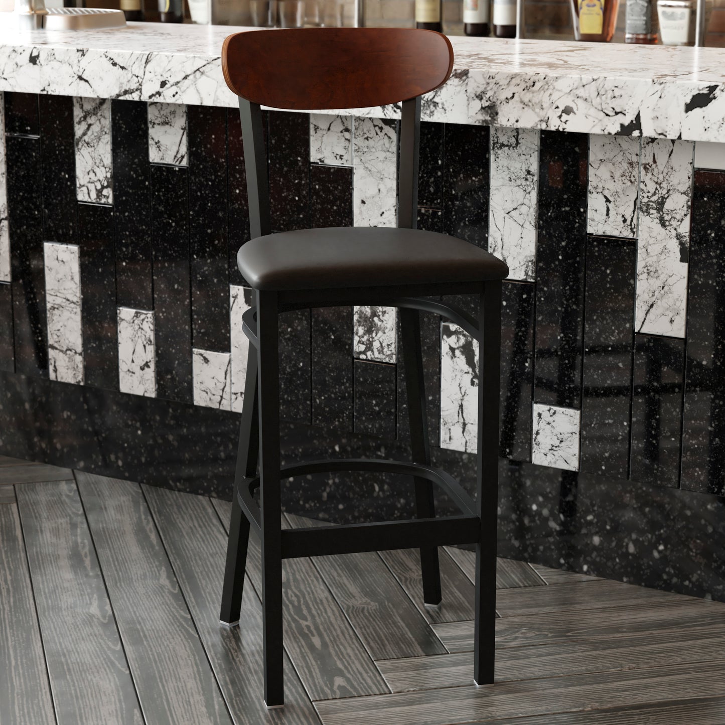 Wright Commercial Barstool with 500 LB. Capacity Black Steel Frame, Walnut Finish Wooden Boomerang Back, and Black Vinyl Seat Walnut Wood Back/Black Vinyl Seat