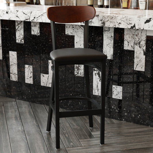 Wright Commercial Barstool with 500 LB. Capacity Black Steel Frame, Walnut Finish Wooden Boomerang Back, and Black Vinyl Seat Walnut Wood Back/Black Vinyl Seat XU-DG6V6BV-WAL-GG