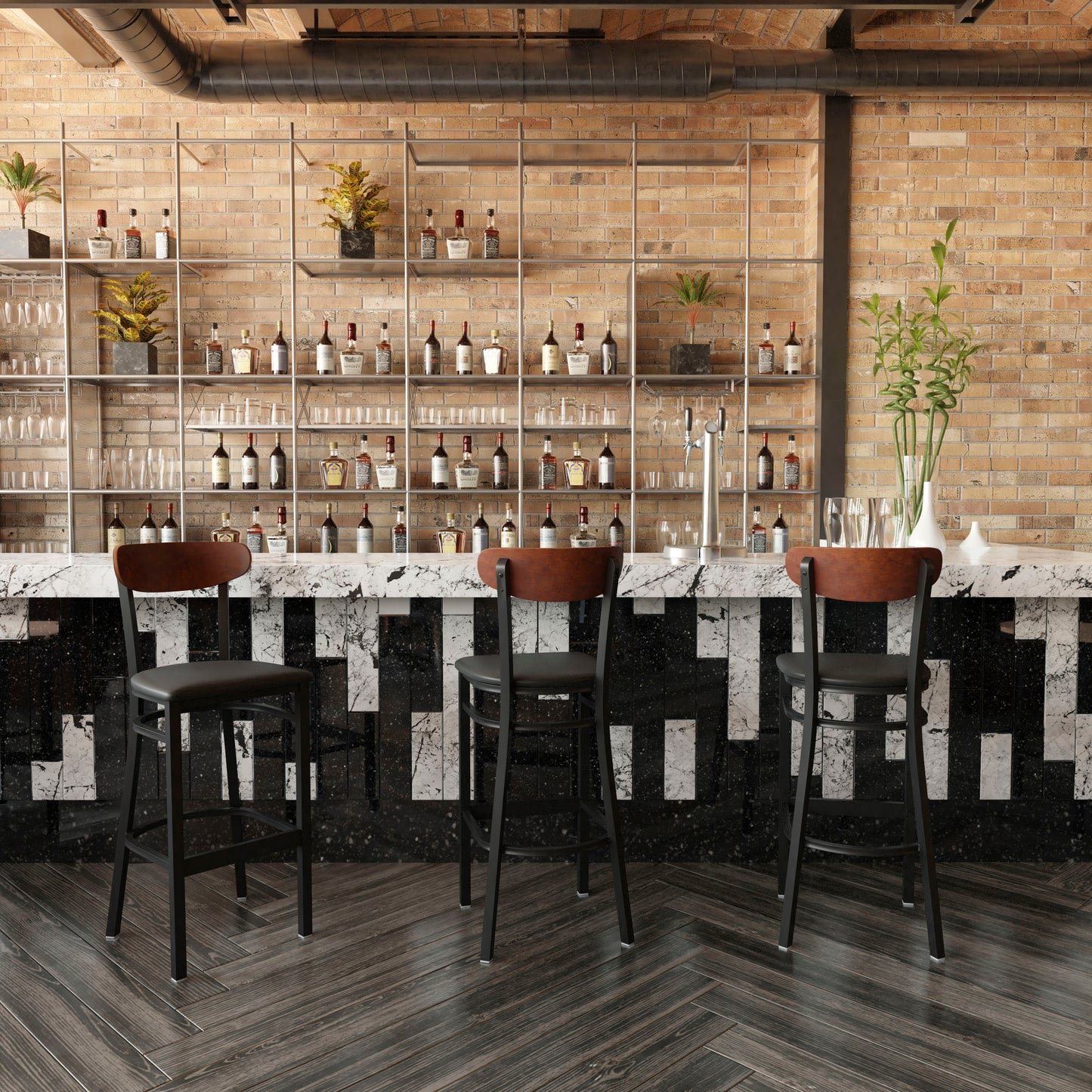 Wright Commercial Barstool with 500 LB. Capacity Black Steel Frame, Walnut Finish Wooden Boomerang Back, and Black Vinyl Seat Walnut Wood Back/Black Vinyl Seat
