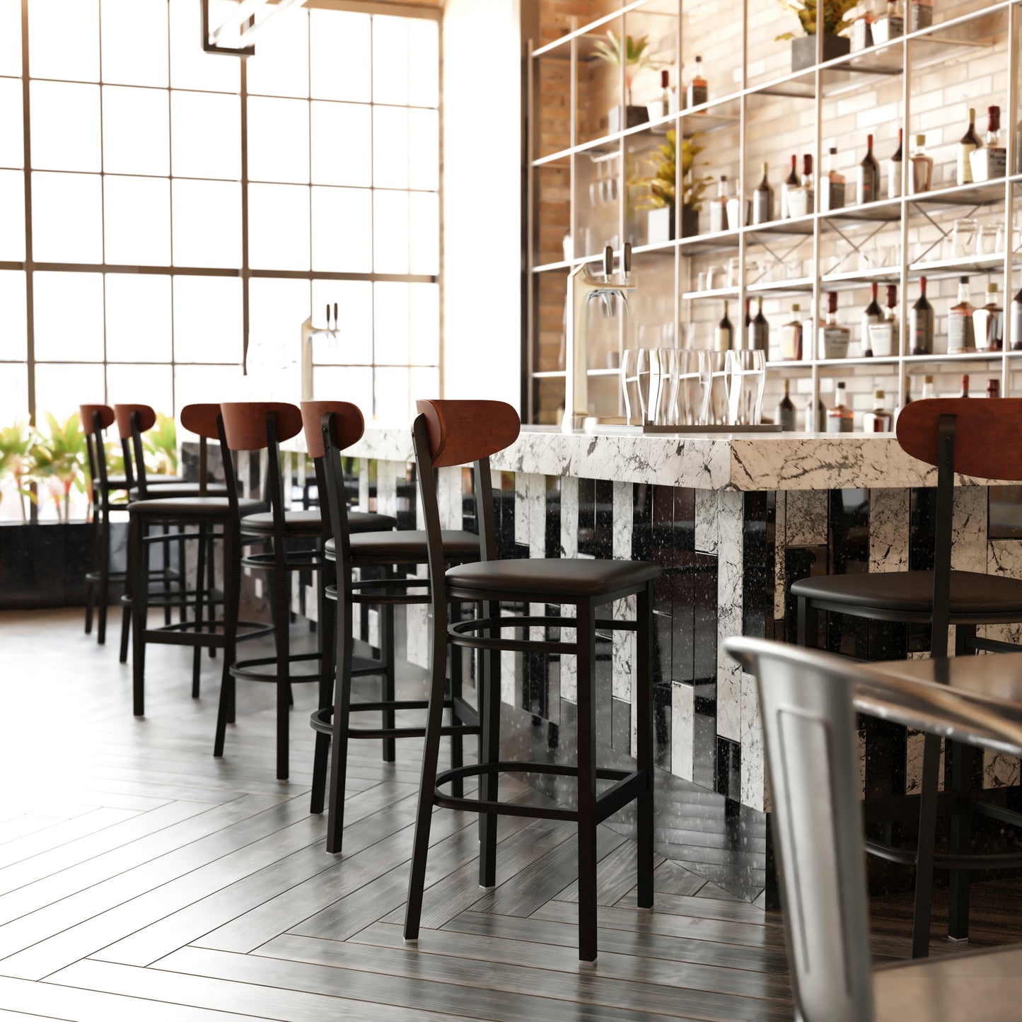 Wright Commercial Barstool with 500 LB. Capacity Black Steel Frame, Walnut Finish Wooden Boomerang Back, and Black Vinyl Seat Walnut Wood Back/Black Vinyl Seat