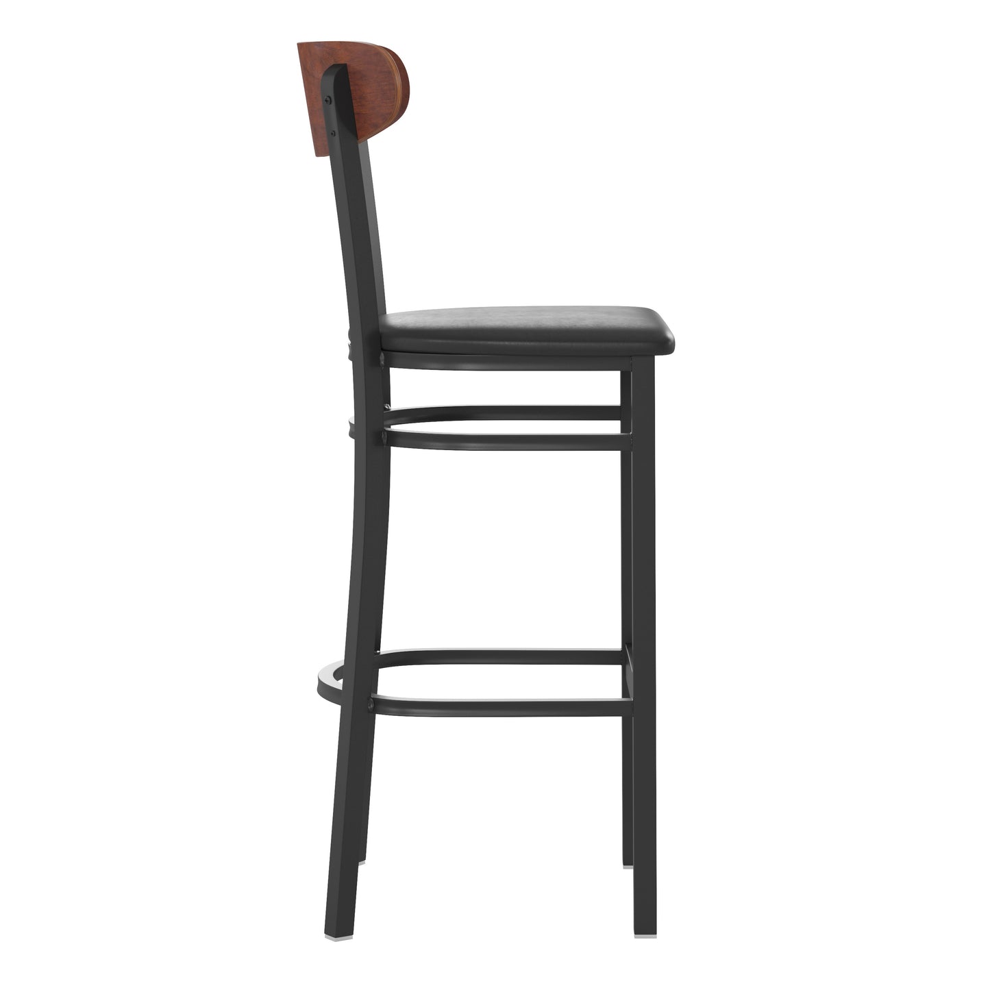 Wright Commercial Barstool with 500 LB. Capacity Black Steel Frame, Walnut Finish Wooden Boomerang Back, and Black Vinyl Seat Walnut Wood Back/Black Vinyl Seat