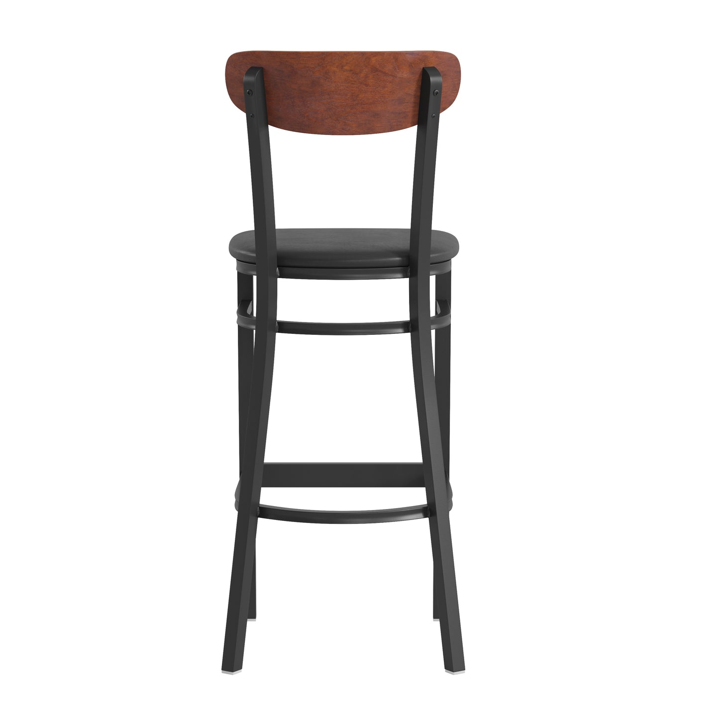 Wright Commercial Barstool with 500 LB. Capacity Black Steel Frame, Walnut Finish Wooden Boomerang Back, and Black Vinyl Seat Walnut Wood Back/Black Vinyl Seat