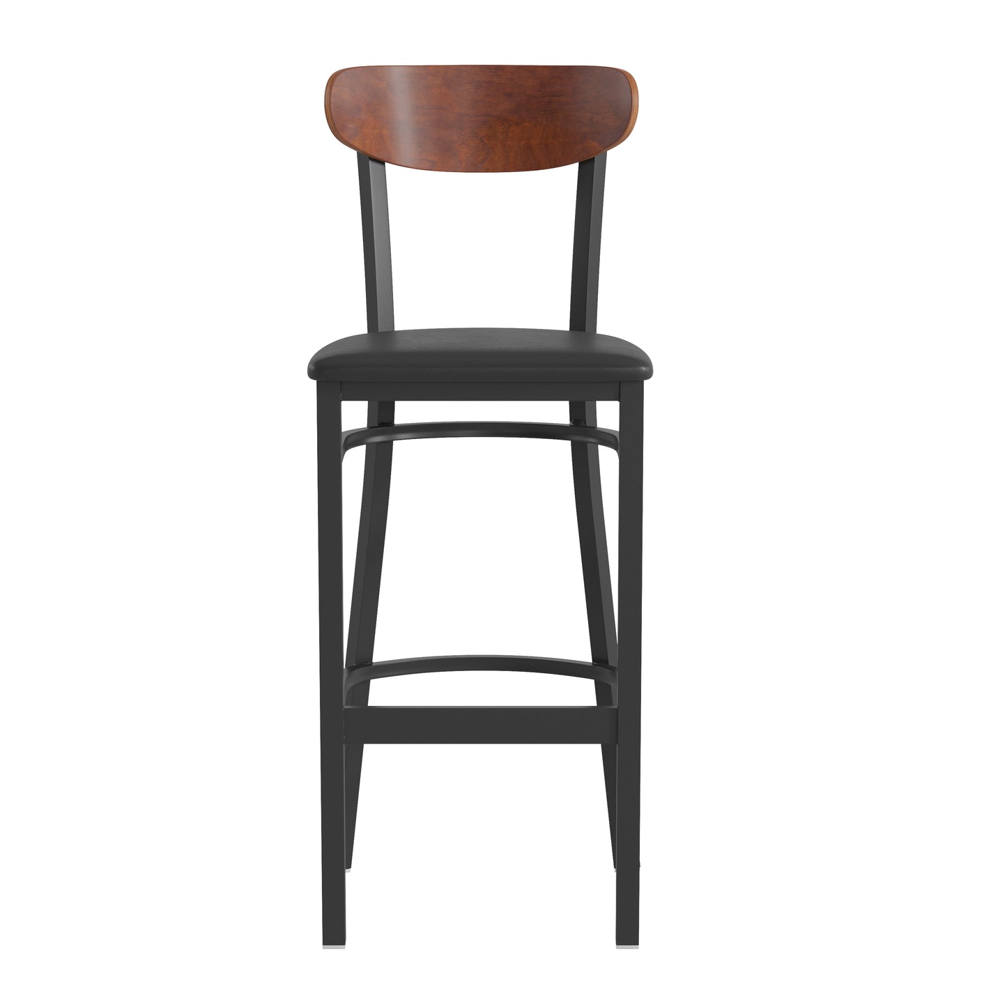 Wright Commercial Barstool with 500 LB. Capacity Black Steel Frame, Walnut Finish Wooden Boomerang Back, and Black Vinyl Seat Walnut Wood Back/Black Vinyl Seat